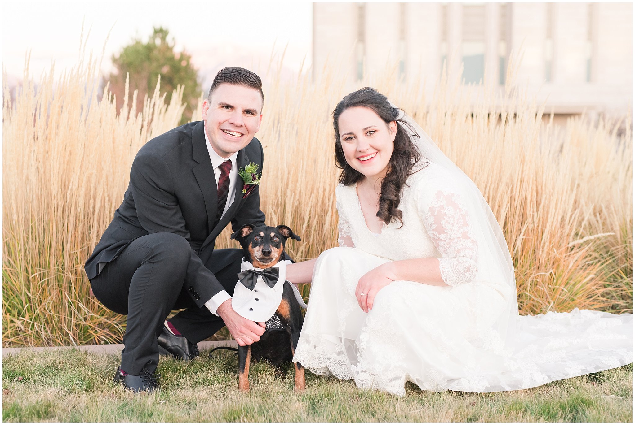 Bride surprises groom with dog at wedding and formal session | Dog first look surprise | | oquirrh mountain temple winter formal session | Jessie and Dallin Photography