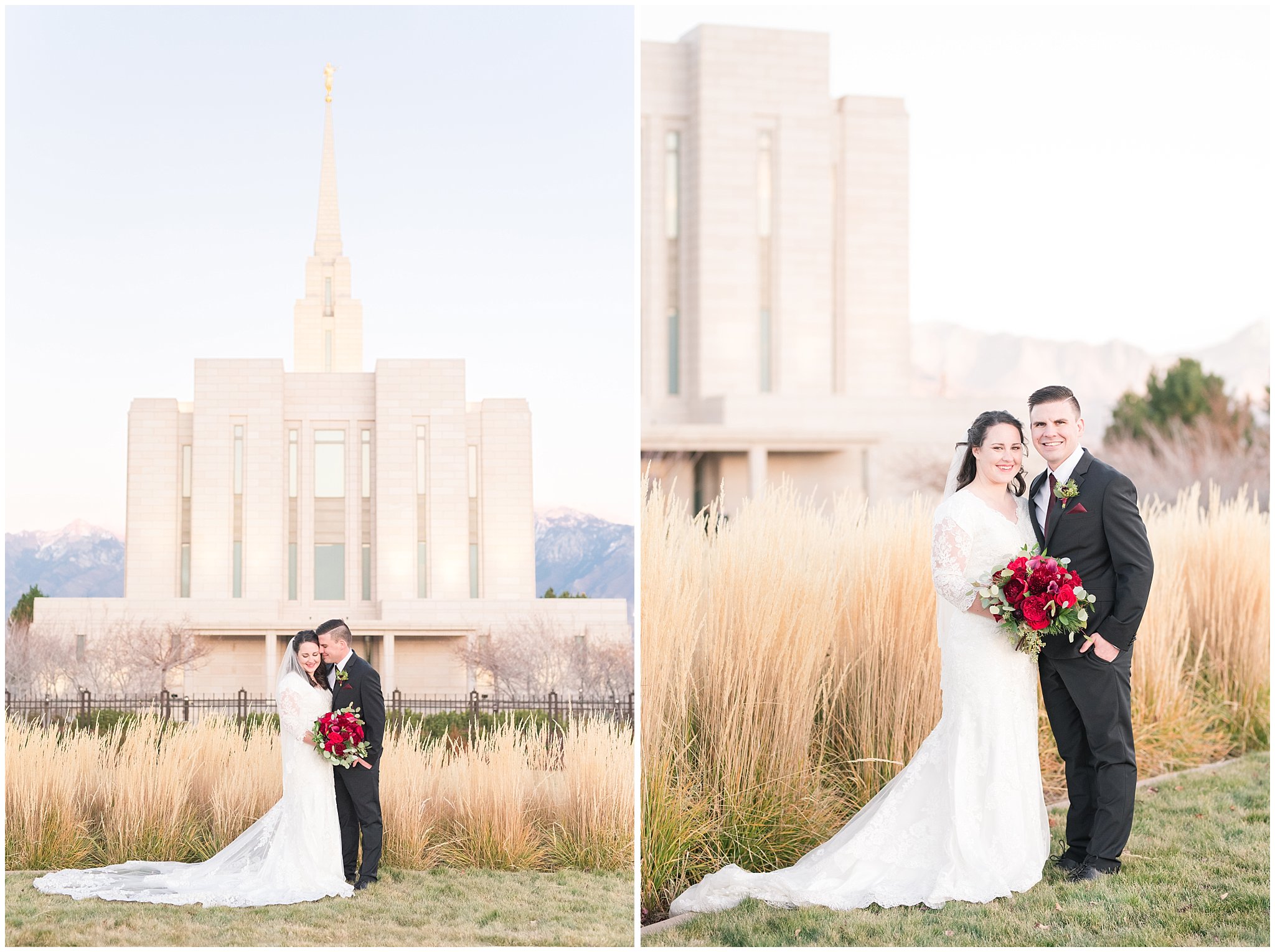 Bride in lace dress and veil with red floral Christmas theme bouquet and groom in black suit with burgundy tie | Utah mountains purple at sunset | oquirrh mountain temple winter formal session | Jessie and Dallin Photography