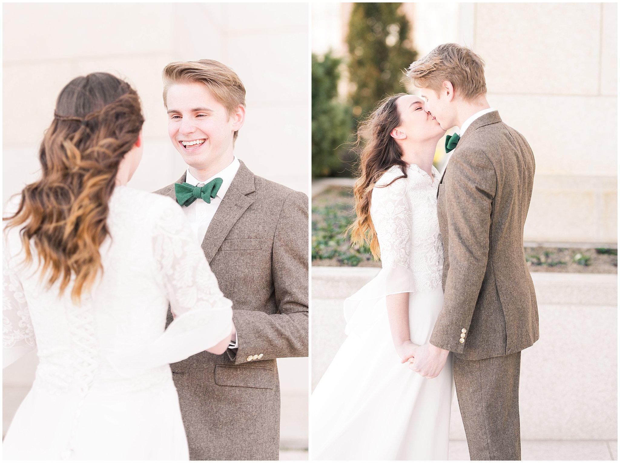Bride and groom first look at the Ogden Temple | Ogden Temple Winter Formal Session | Jessie and Dallin Photography