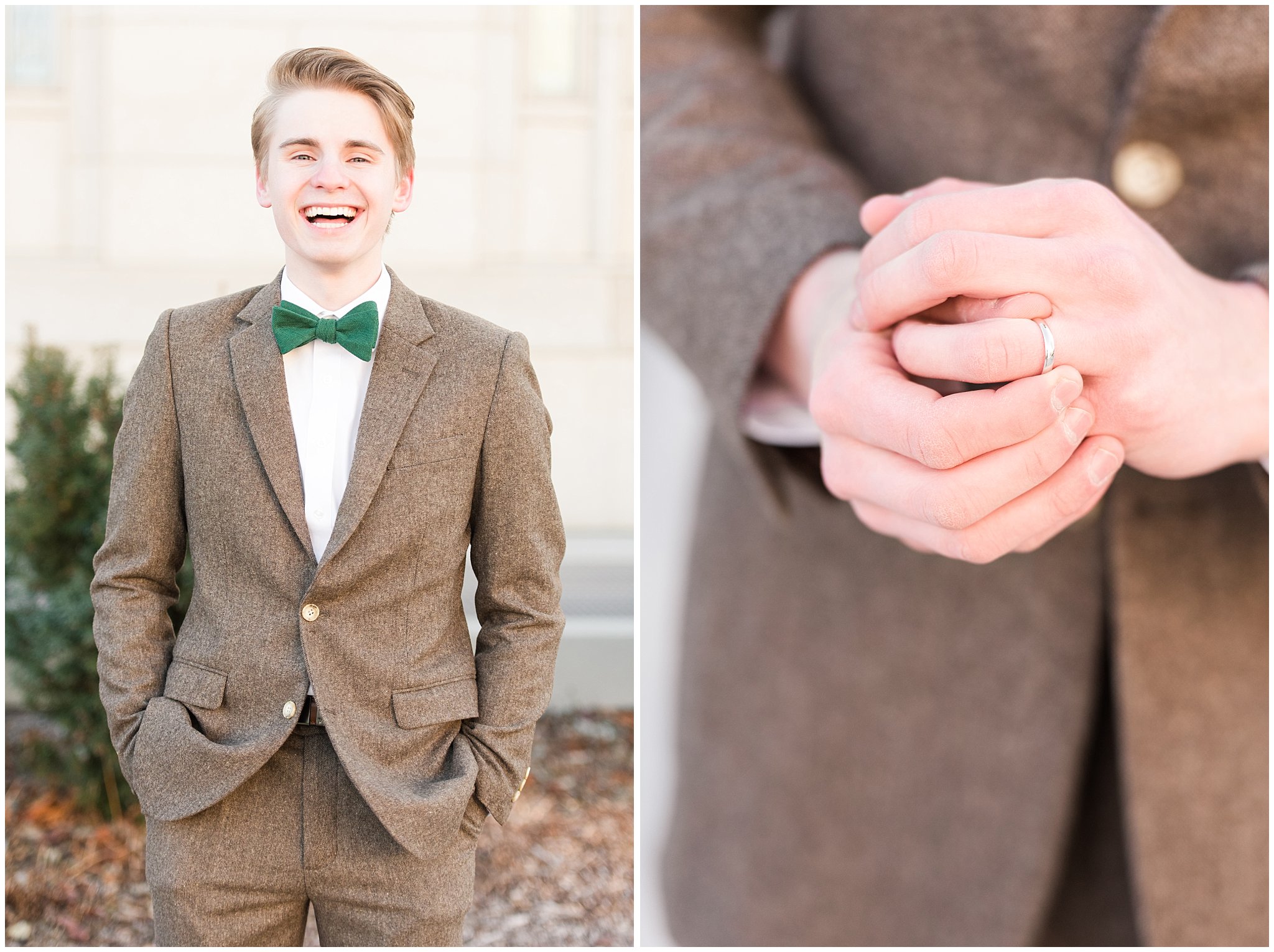 Groom in brown tweed suit with green and white florals | Ogden Temple Winter Formal Session | Jessie and Dallin Photography