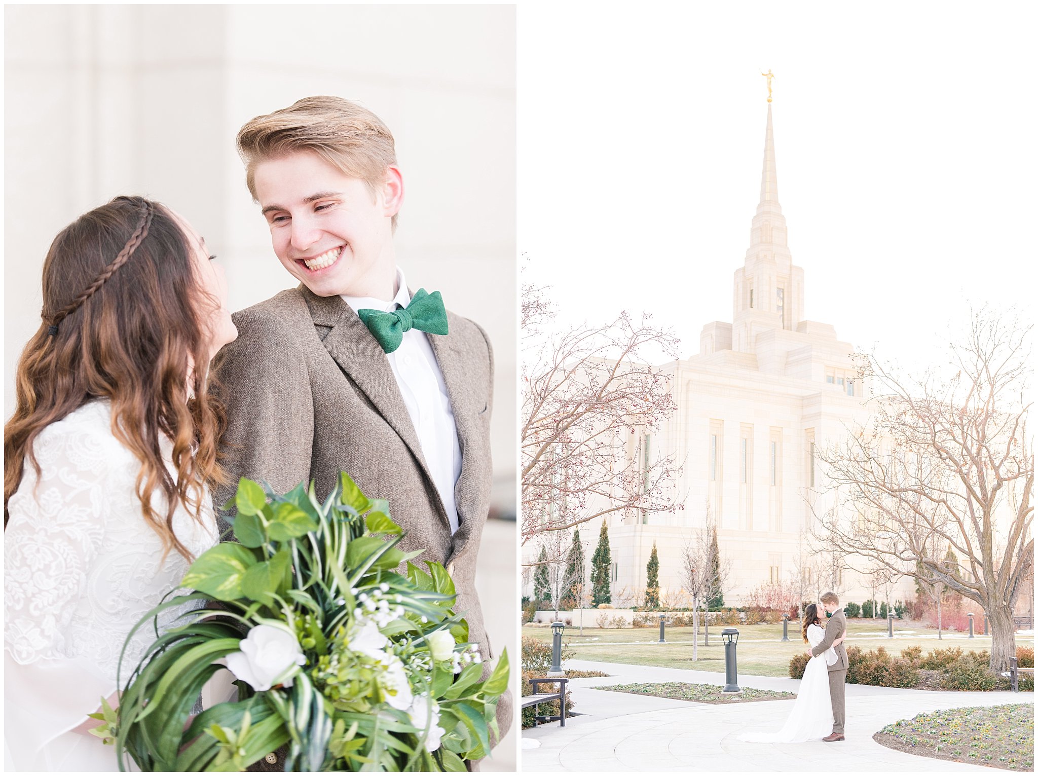 Bride in lace draping dress and groom in brown tweed suit with green and white florals | Ogden Temple Winter Formal Session | Jessie and Dallin Photography