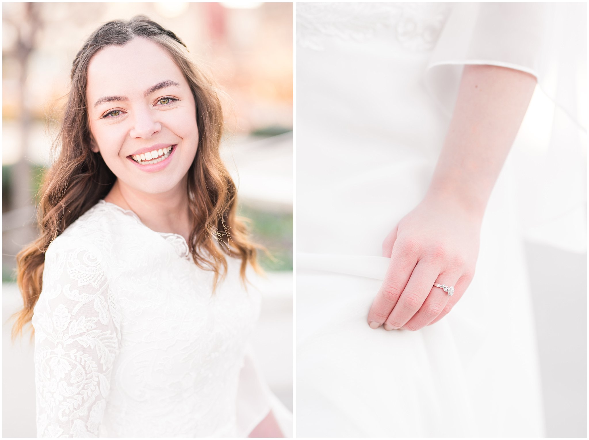 Bride in lace draping dress with green and white florals | Ogden Temple Winter Formal Session | Jessie and Dallin Photography