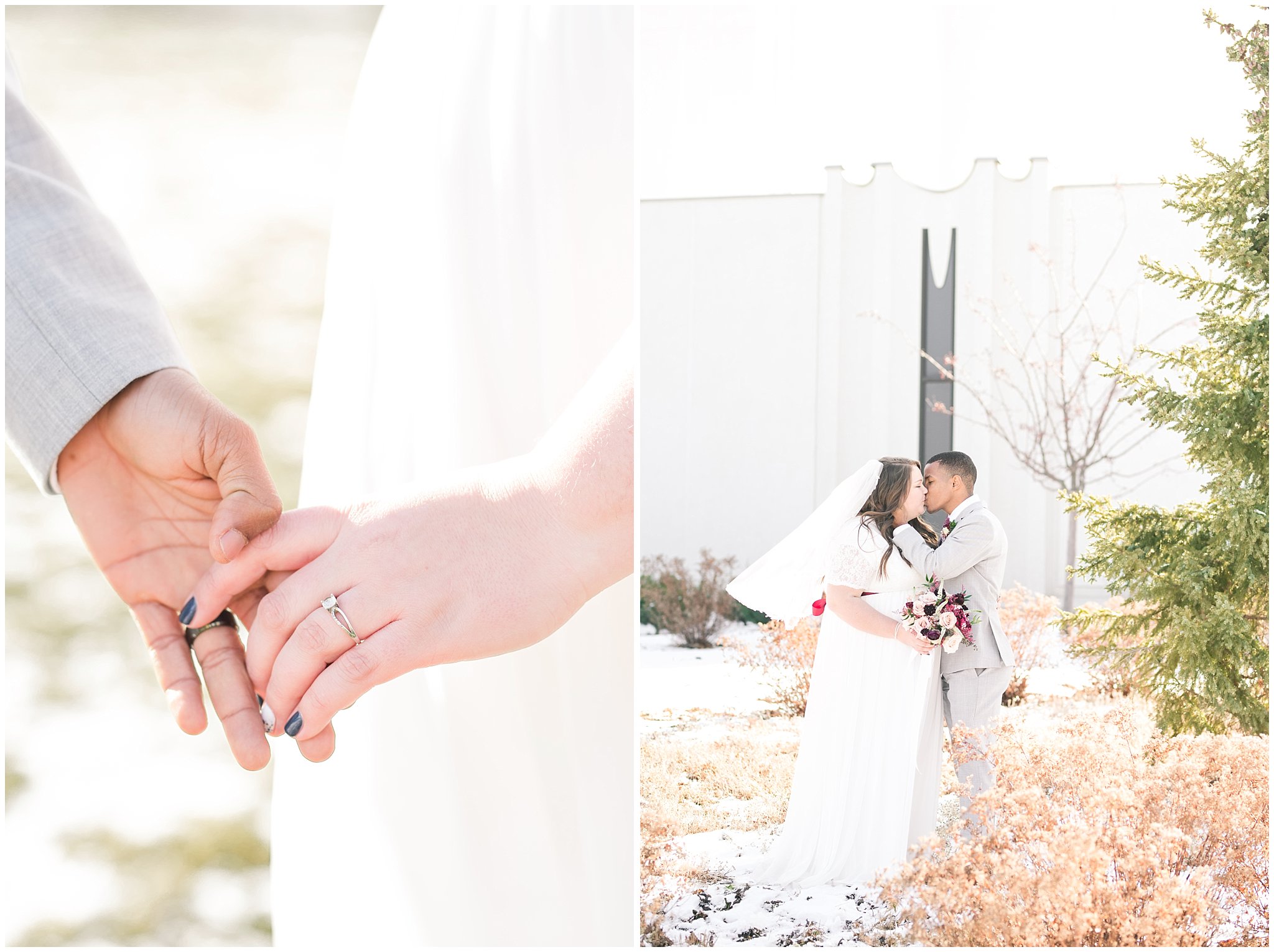 Bride and groom portraits with bride in a dress from Latterdaybride and groom in light grey suit | burgundy and quicksand rose bouquet by Dancing Daisies Floral | Jordan River Temple Winter Wedding | Jessie and Dallin Photography