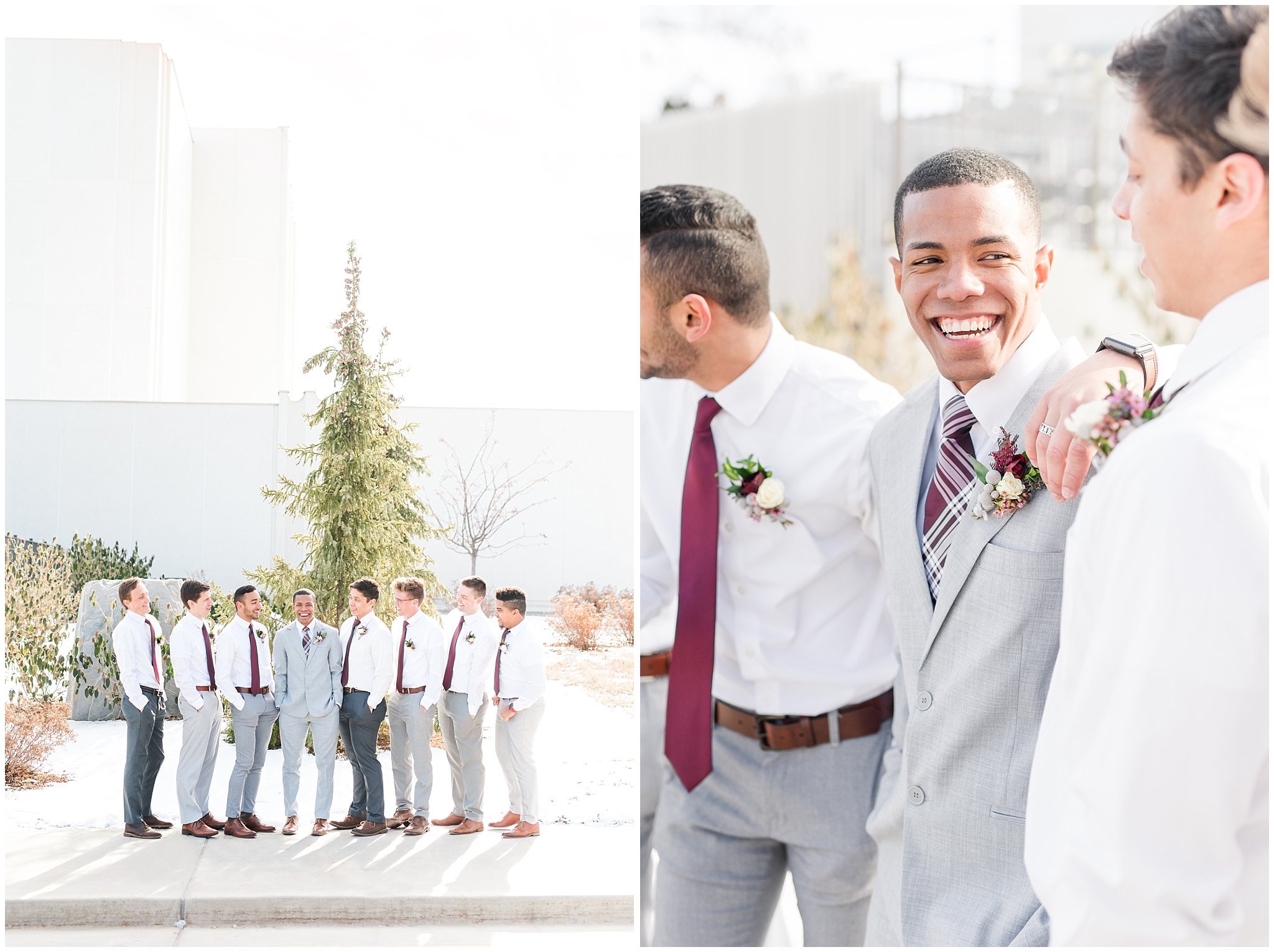 Bridal party photos in navy maxi dresses and burgundy ties at the Jordan River Temple | Burgundy and dusty rose bouquets | Jordan River Temple Winter Wedding | Jessie and Dallin Photography