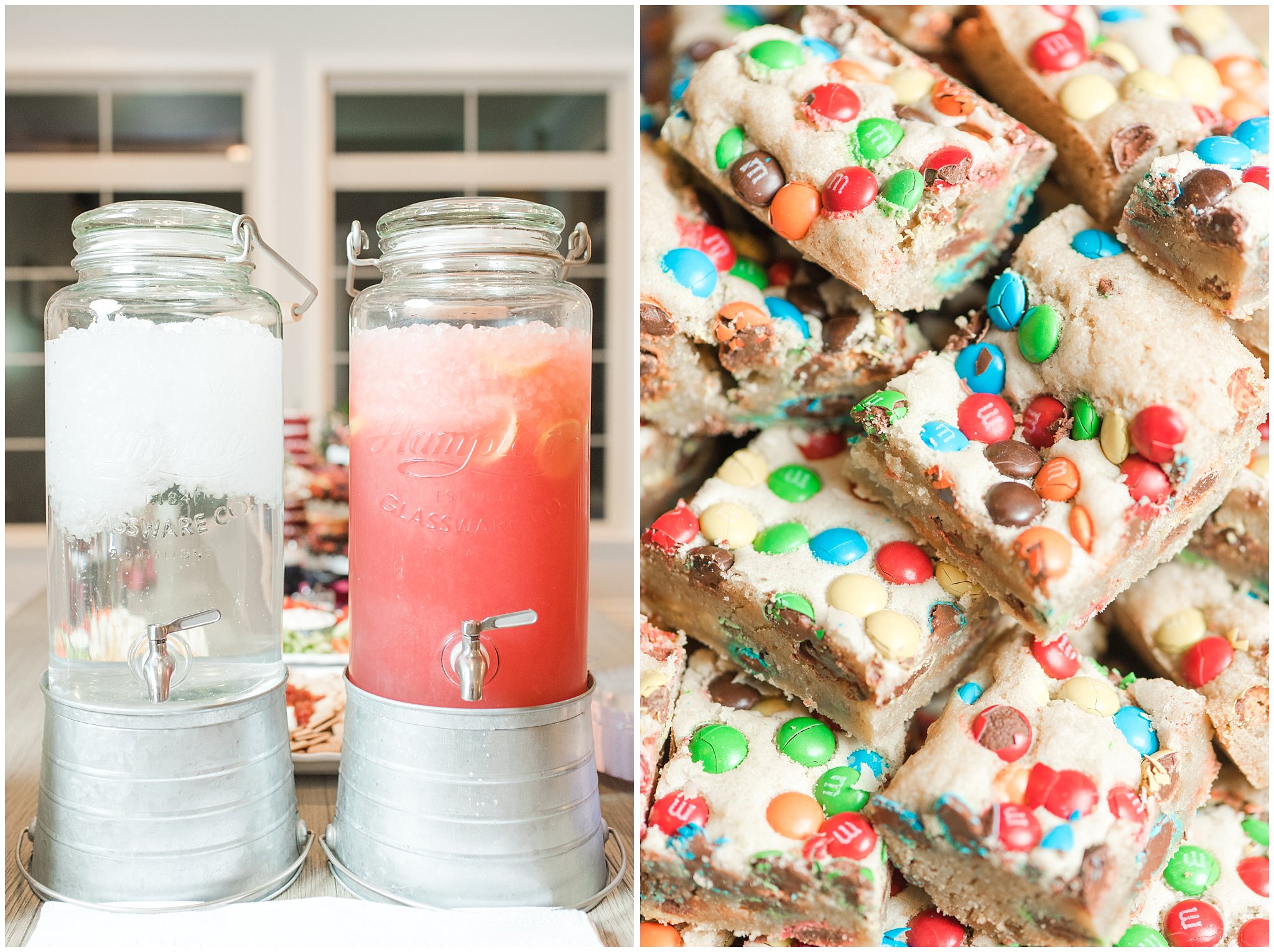 Farmhouse style drink dispensers and m&m cookie brownies at reception | Jordan River Temple Winter wedding and reception | Jessie and Dallin Photography