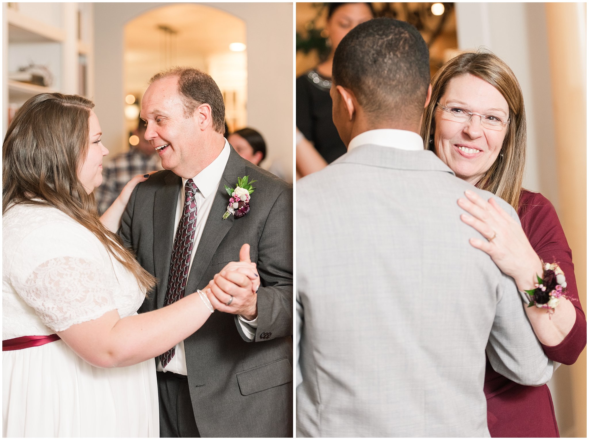 Bride and groom dancing with parents at in home reception | Jordan River Temple Winter wedding and reception | Jessie and Dallin Photography