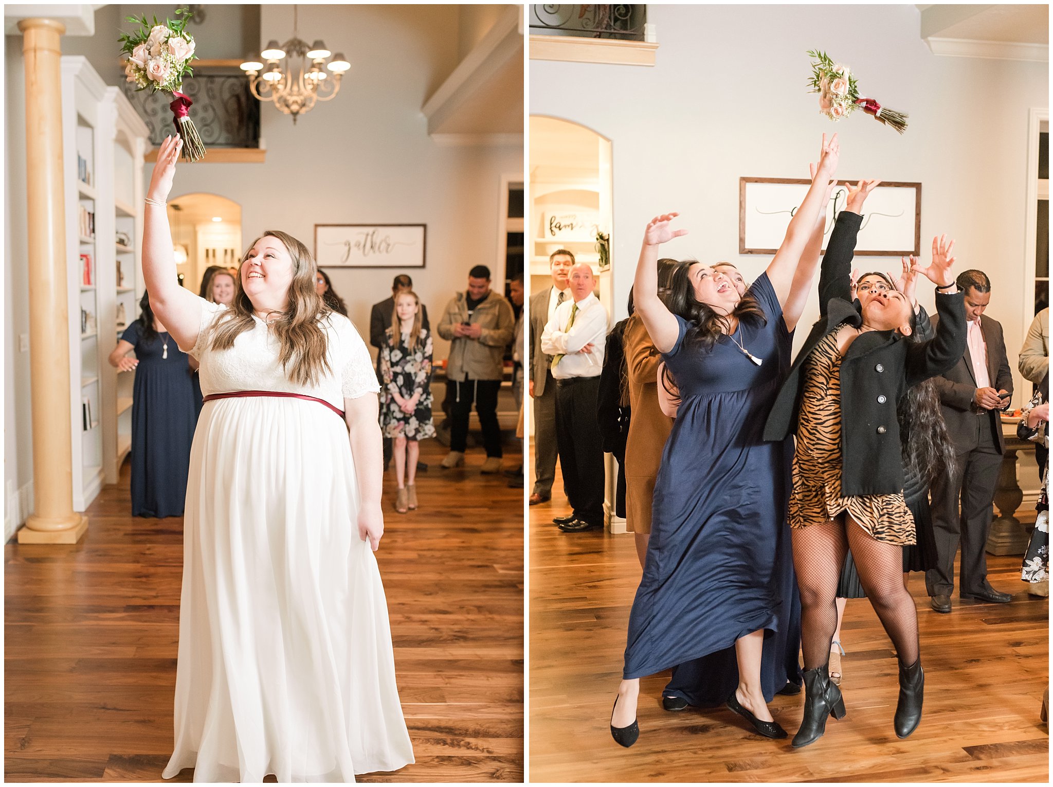 Bouquet toss at in home reception | Jordan River Temple Winter wedding and reception | Jessie and Dallin Photography