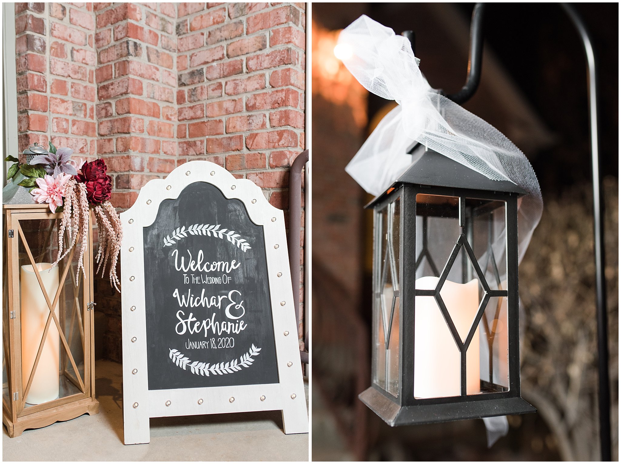 Lantern decor for sparkler exit and chalkboard welcome sign | Jordan River Temple Winter wedding and reception | Jessie and Dallin Photography