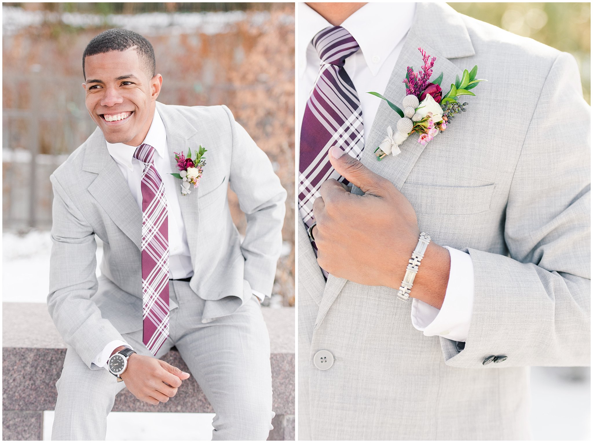Groom in light grey suit with burgundy tie | Jordan River Temple Winter Wedding | Jessie and Dallin Photography