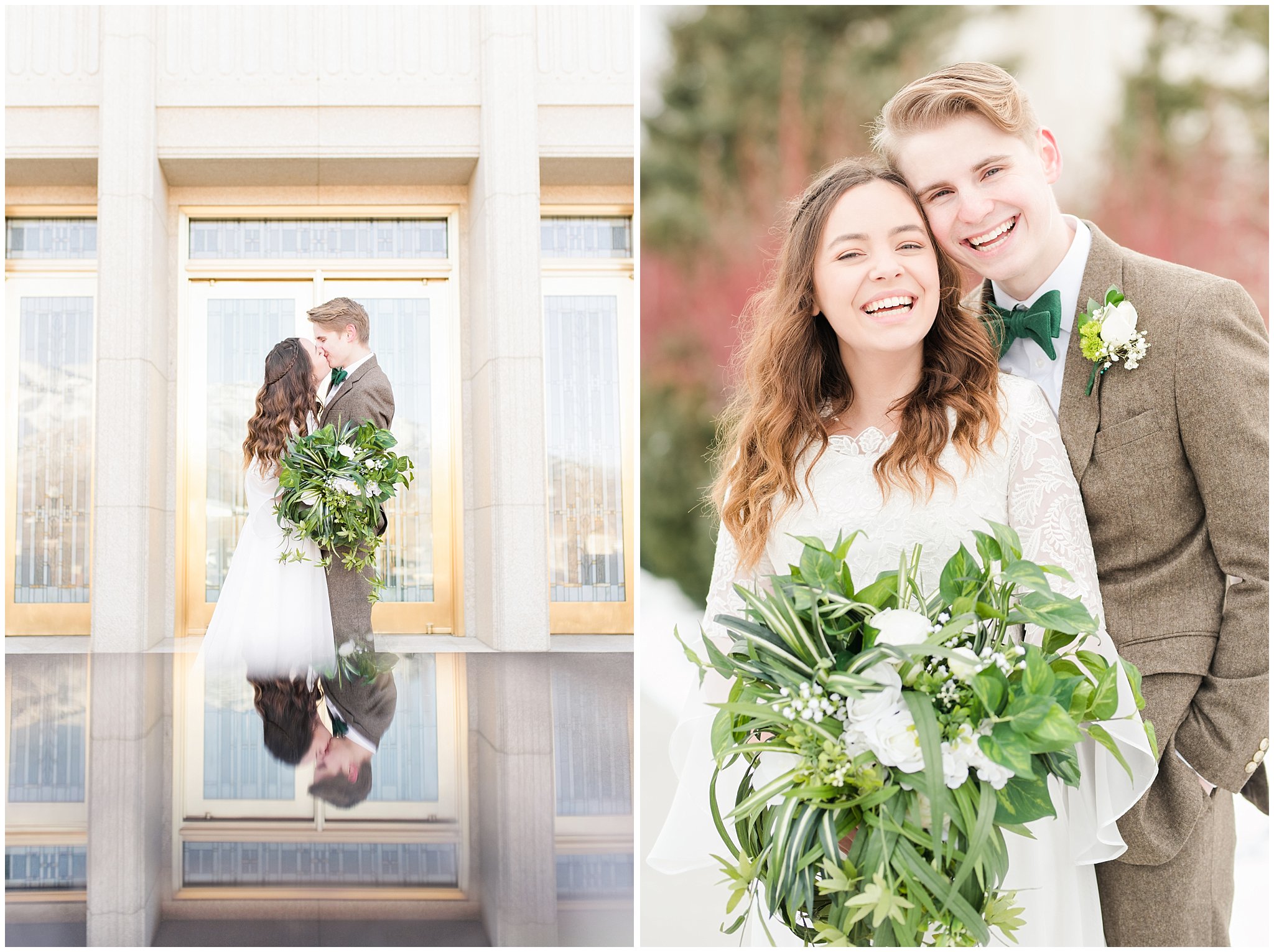 Bride and groom portraits during Ogden Temple winter wedding | Brown, Emerald Green, and white wedding | Ogden Temple and Sweet Magnolia Wedding | Jessie and Dallin Photography