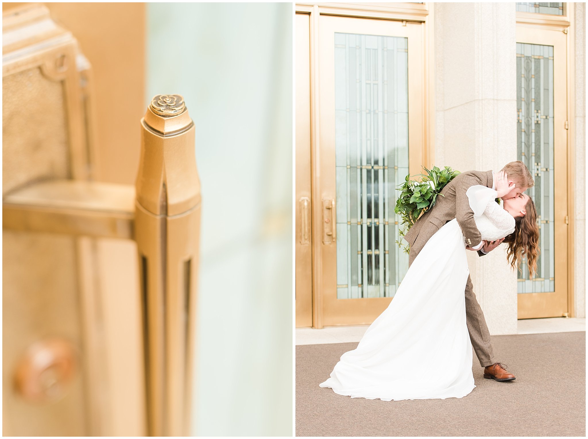 Temple exit during Ogden Temple winter wedding | Brown, Emerald Green, and white wedding | Ogden Temple and Sweet Magnolia Wedding | Jessie and Dallin Photography