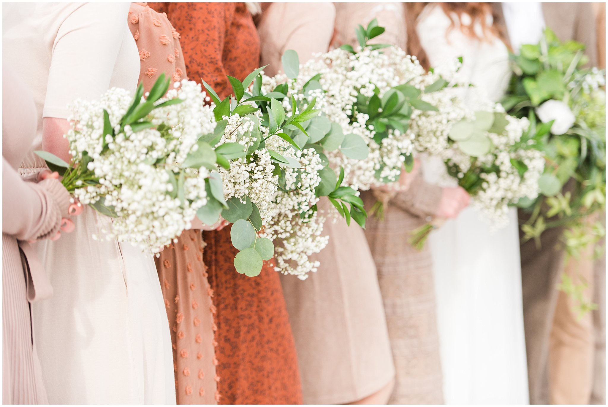 Bridesmaid portraits and green and white florals during Ogden Temple winter wedding | Brown, Emerald Green, and white wedding | Ogden Temple and Sweet Magnolia Wedding | Jessie and Dallin Photography