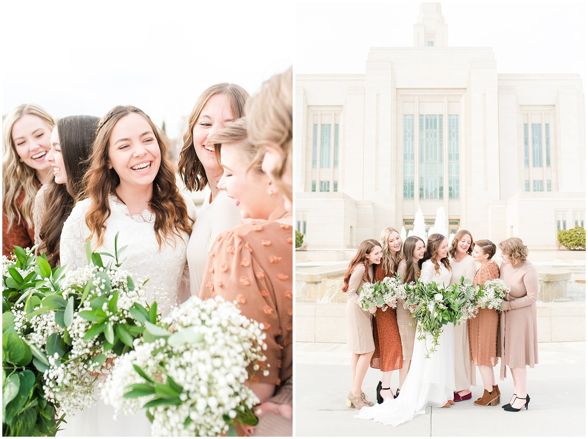 Bridesmaid portraits in shades of brown dresses with green and white florals during Ogden Temple winter wedding | Brown, Emerald Green, and white wedding | Ogden Temple and Sweet Magnolia Wedding | Jessie and Dallin Photography