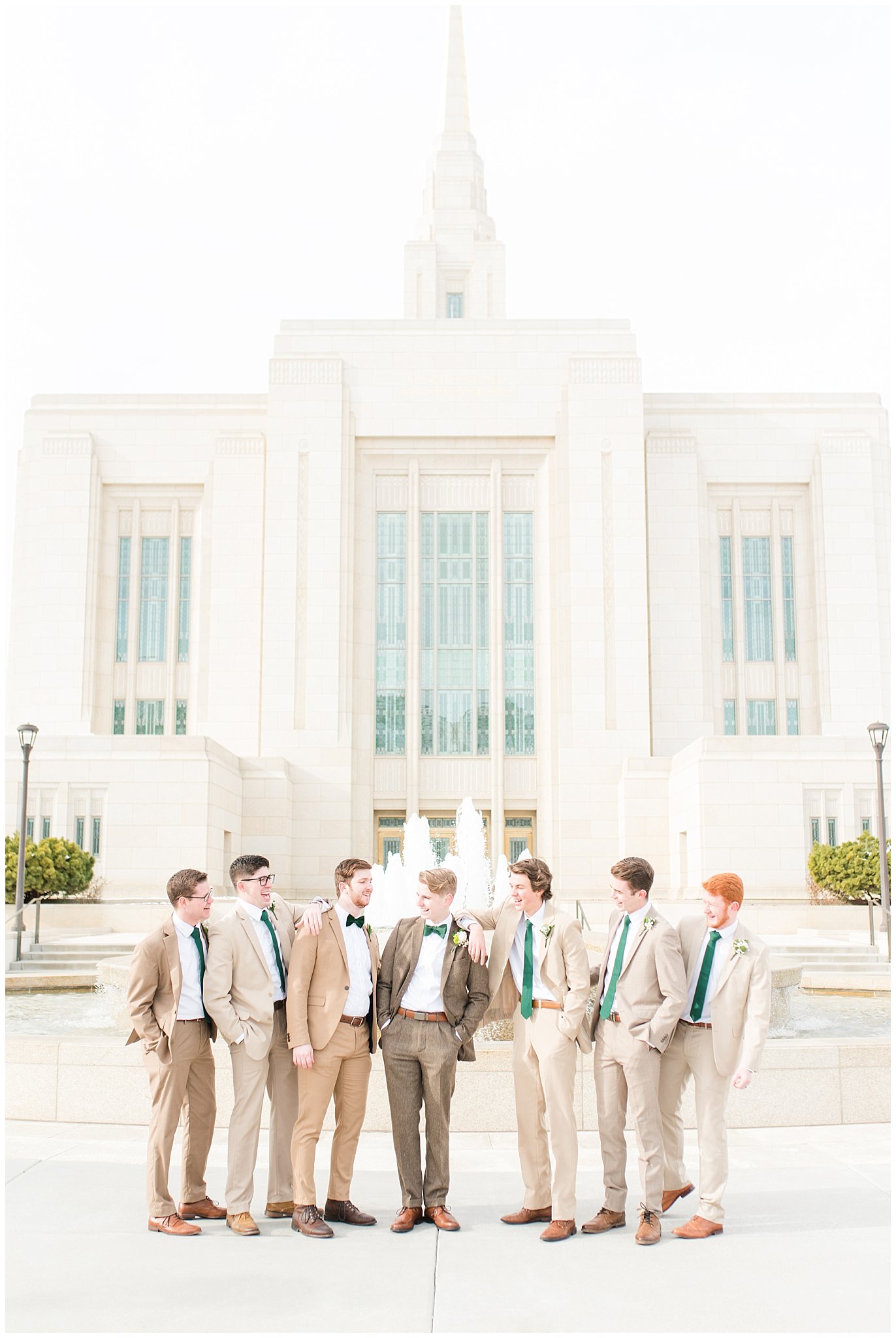 Groomsmen in tan and brown suits with emerald green ties during Ogden Temple winter wedding | Brown, Emerald Green, and white wedding | Ogden Temple and Sweet Magnolia Wedding | Jessie and Dallin Photography