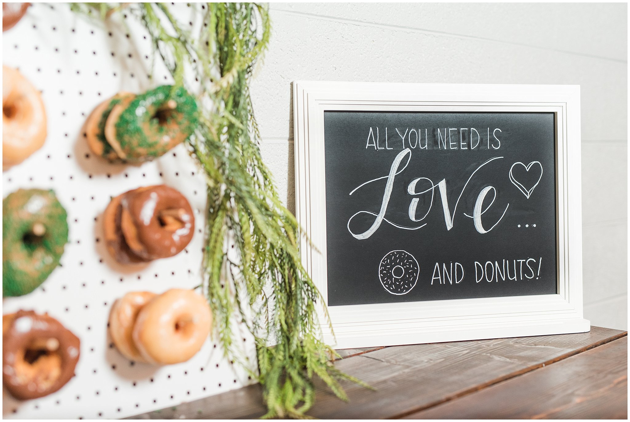 green and brown donuts on donut board at Sweet Magnolia Venues | Brown, Emerald Green, and white wedding | Ogden Temple and Sweet Magnolia Wedding | Jessie and Dallin Photography
