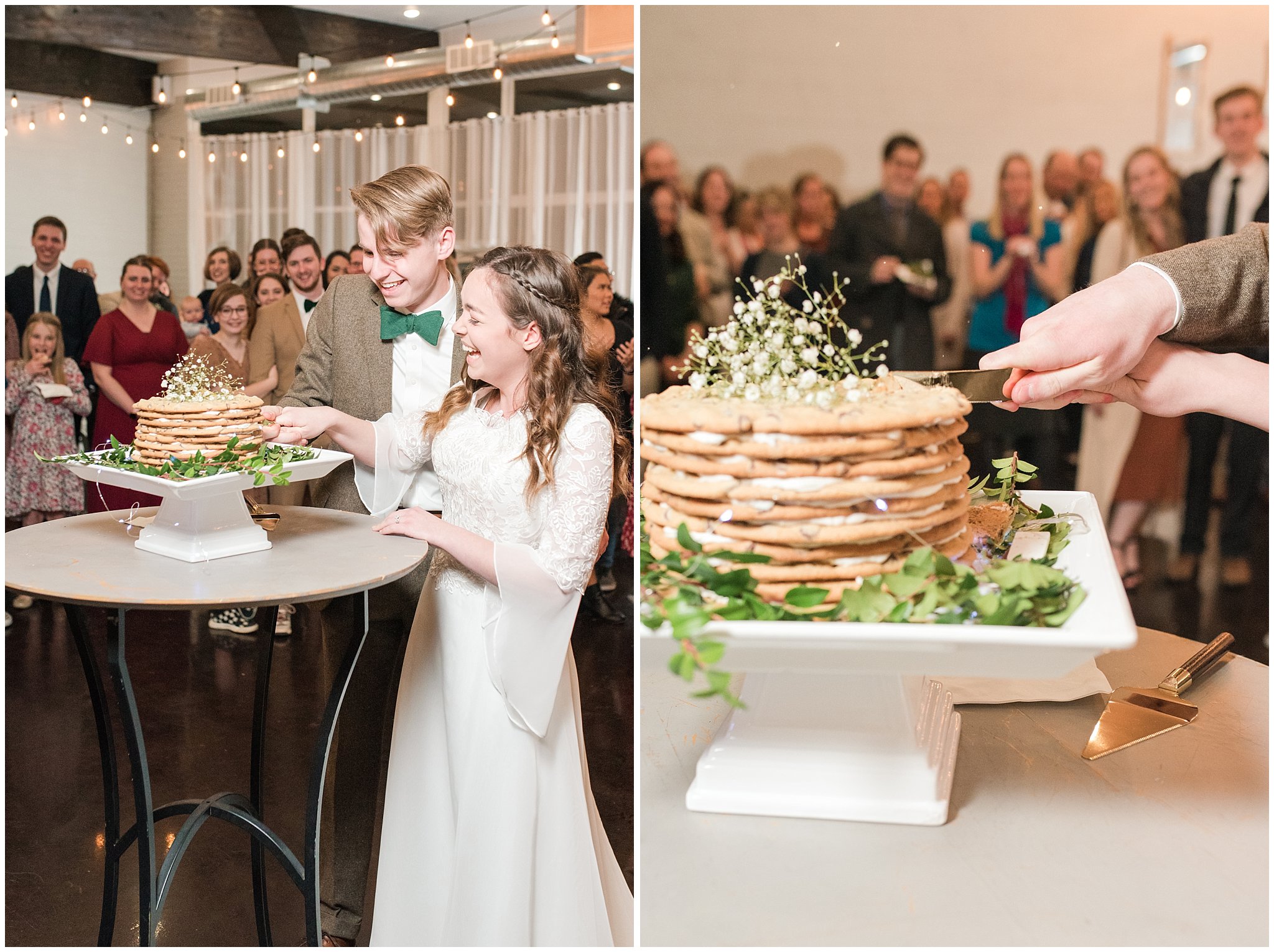 Bride and groom cutting chocolate Chip cookie cake during reception at Sweet Magnolia Venues | Brown, Emerald Green, and white wedding | Ogden Temple and Sweet Magnolia Wedding | Jessie and Dallin Photography