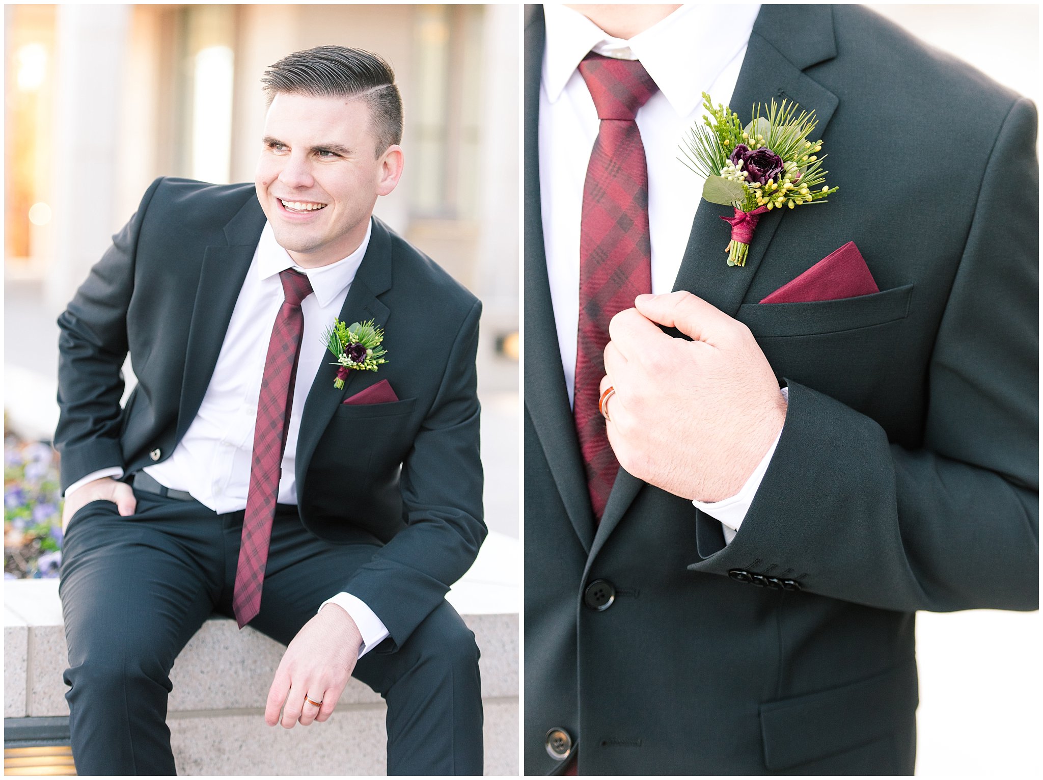 groom portraits with black suit and red tie at the Oquirrh Mountain Temple | Oquirrh Mountain Temple and Gardner Village Wedding | The Gathering Place | Jessie and Dallin Photography