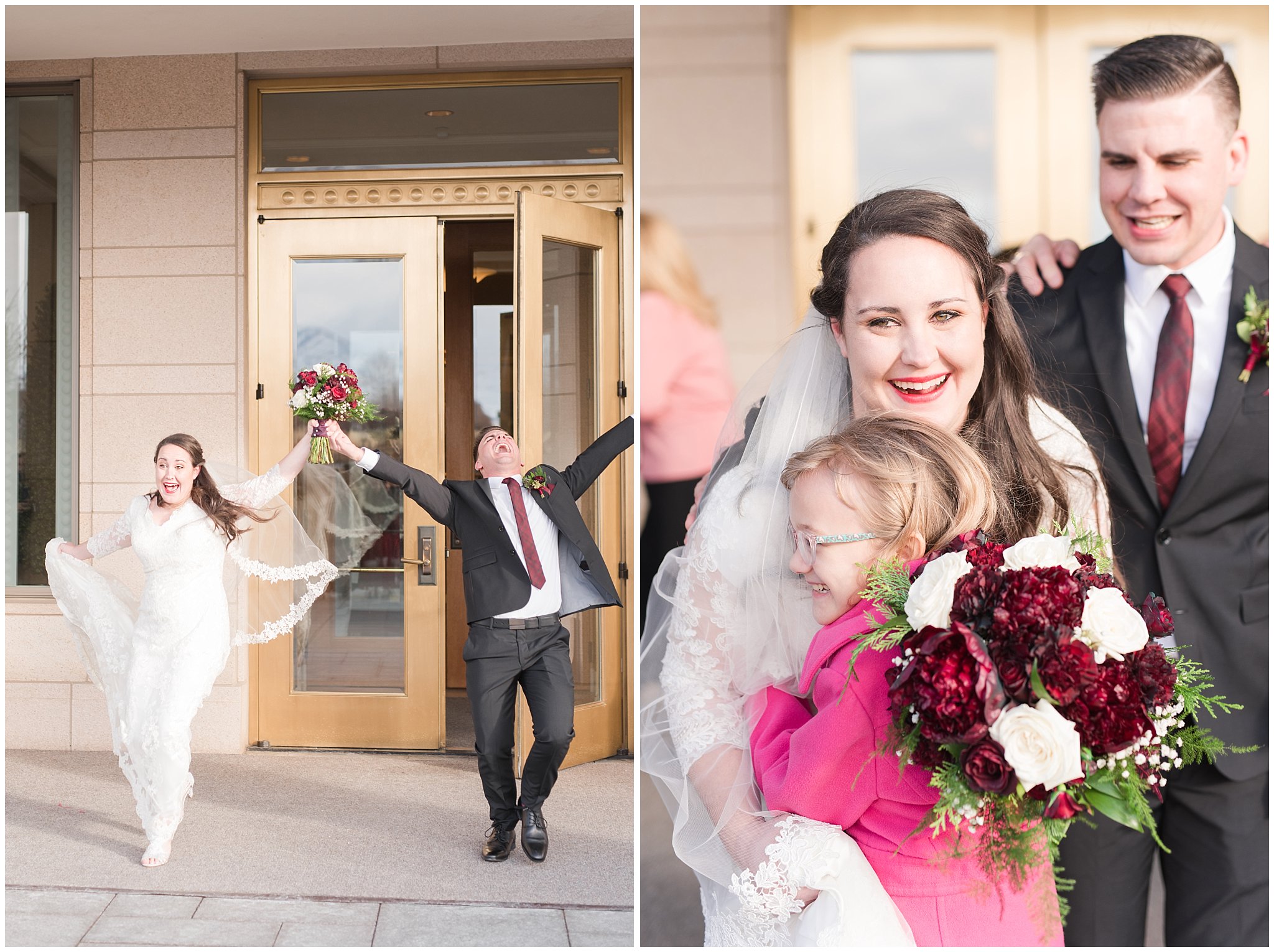 Bride and groom exit the Oquirrh Mountain Temple | Oquirrh Mountain Temple and Gardner Village Wedding | The Gathering Place | Jessie and Dallin Photography