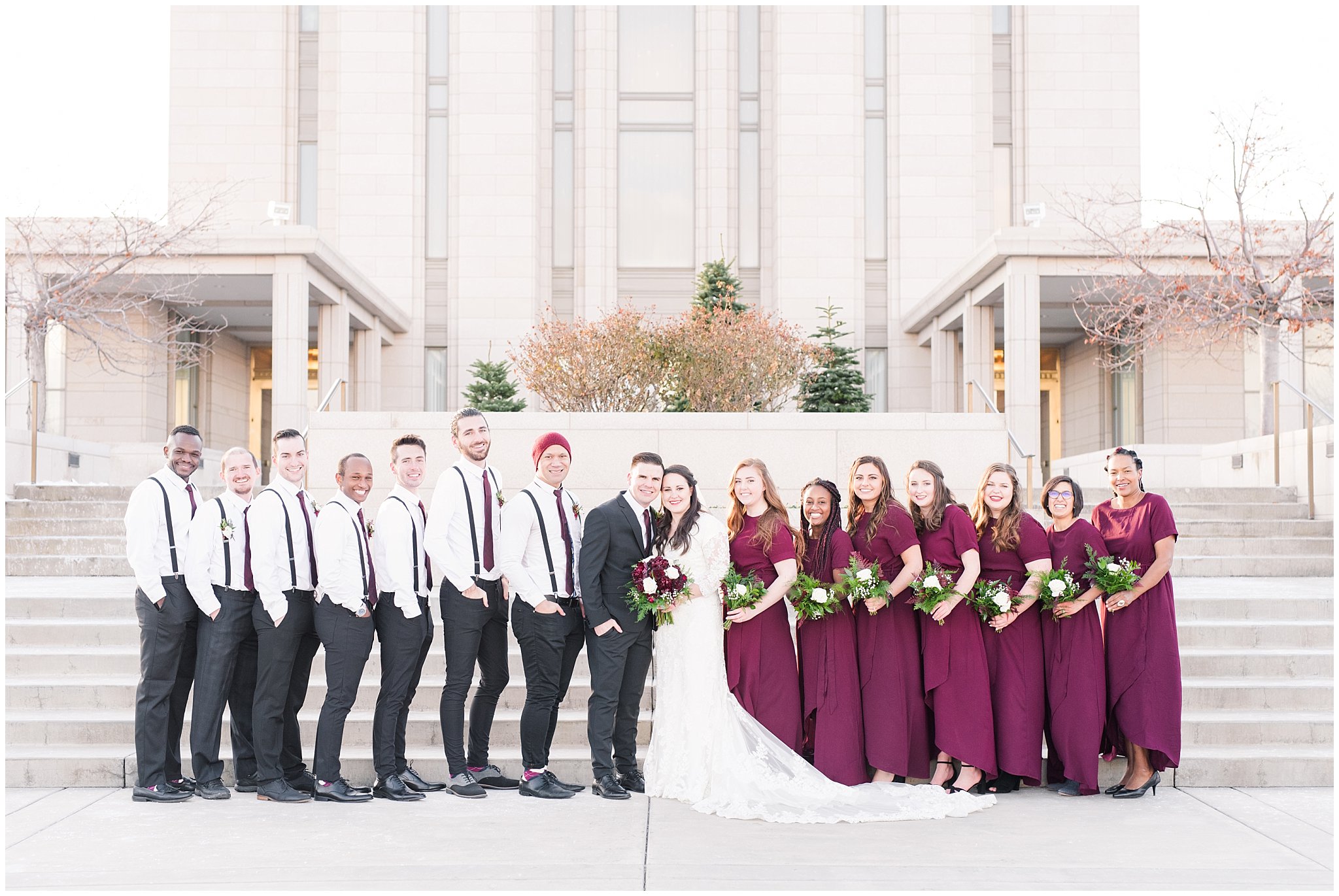 Bridal party portraits in burgundy and black at the Oquirrh Mountain Temple | Oquirrh Mountain Temple and Gardner Village Wedding | The Gathering Place | Jessie and Dallin Photography