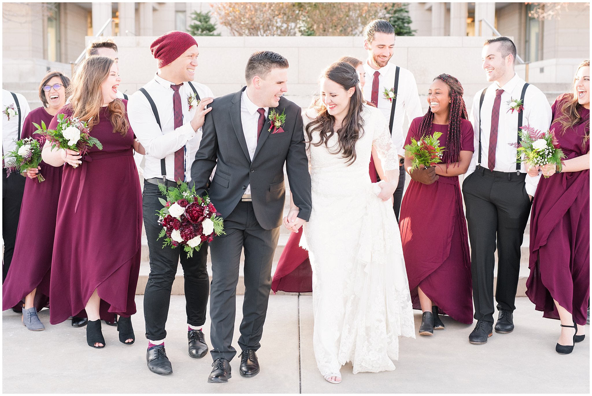 Bridal party portraits in burgundy and black at the Oquirrh Mountain Temple | Oquirrh Mountain Temple and Gardner Village Wedding | The Gathering Place | Jessie and Dallin Photography