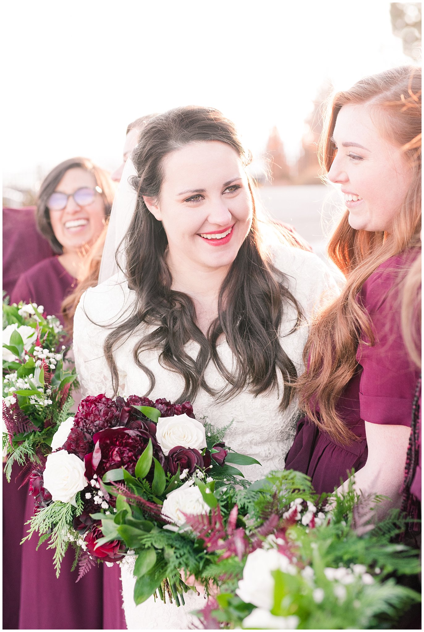 Bridesmaids portraits in burgundy and black at the Oquirrh Mountain Temple | Oquirrh Mountain Temple and Gardner Village Wedding | The Gathering Place | Jessie and Dallin Photography