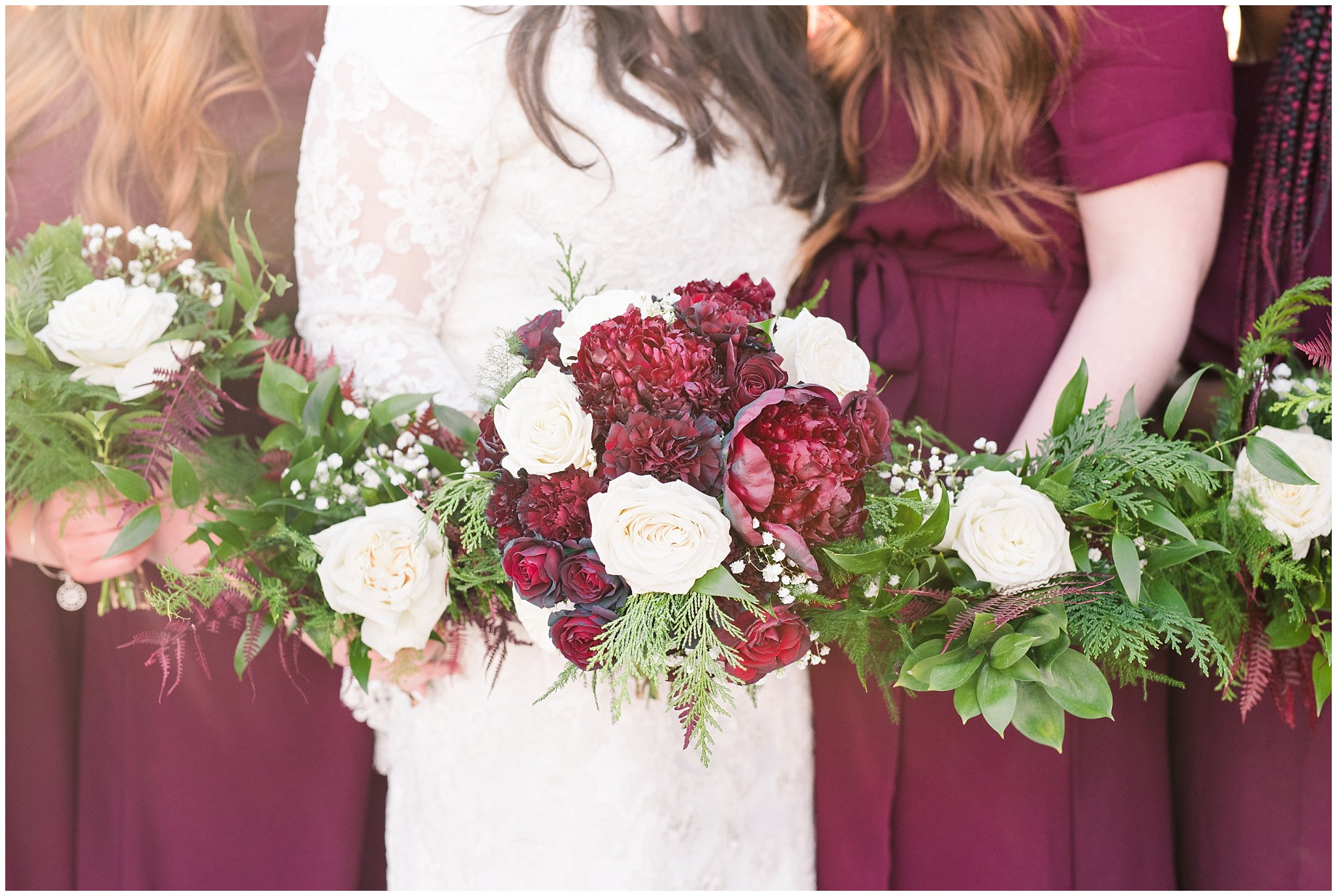 Bridesmaids portraits in burgundy and black at the Oquirrh Mountain Temple | Oquirrh Mountain Temple and Gardner Village Wedding | The Gathering Place | Jessie and Dallin Photography