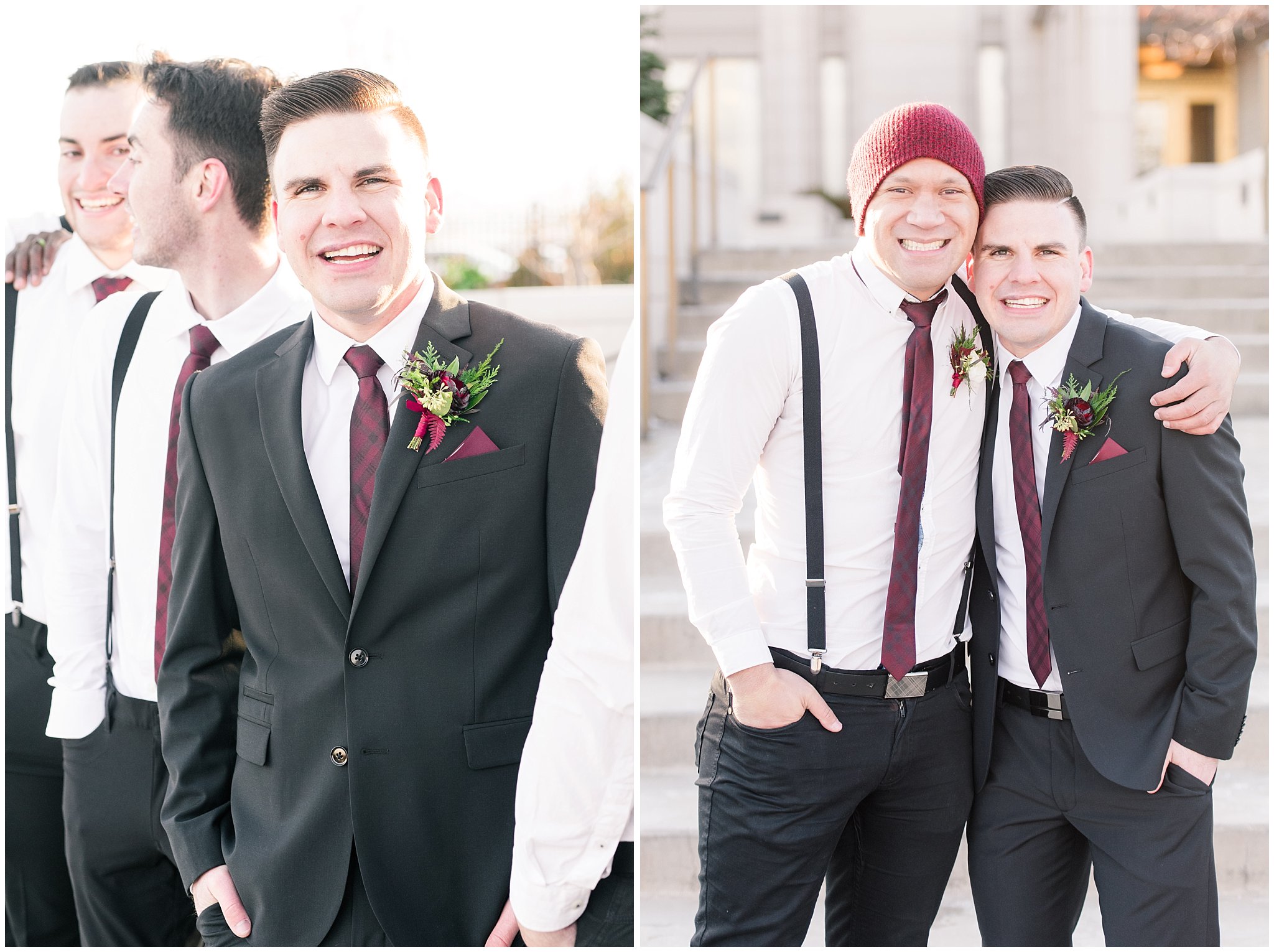 Groomsmen portraits in burgundy and black at the Oquirrh Mountain Temple | Oquirrh Mountain Temple and Gardner Village Wedding | The Gathering Place | Jessie and Dallin Photography