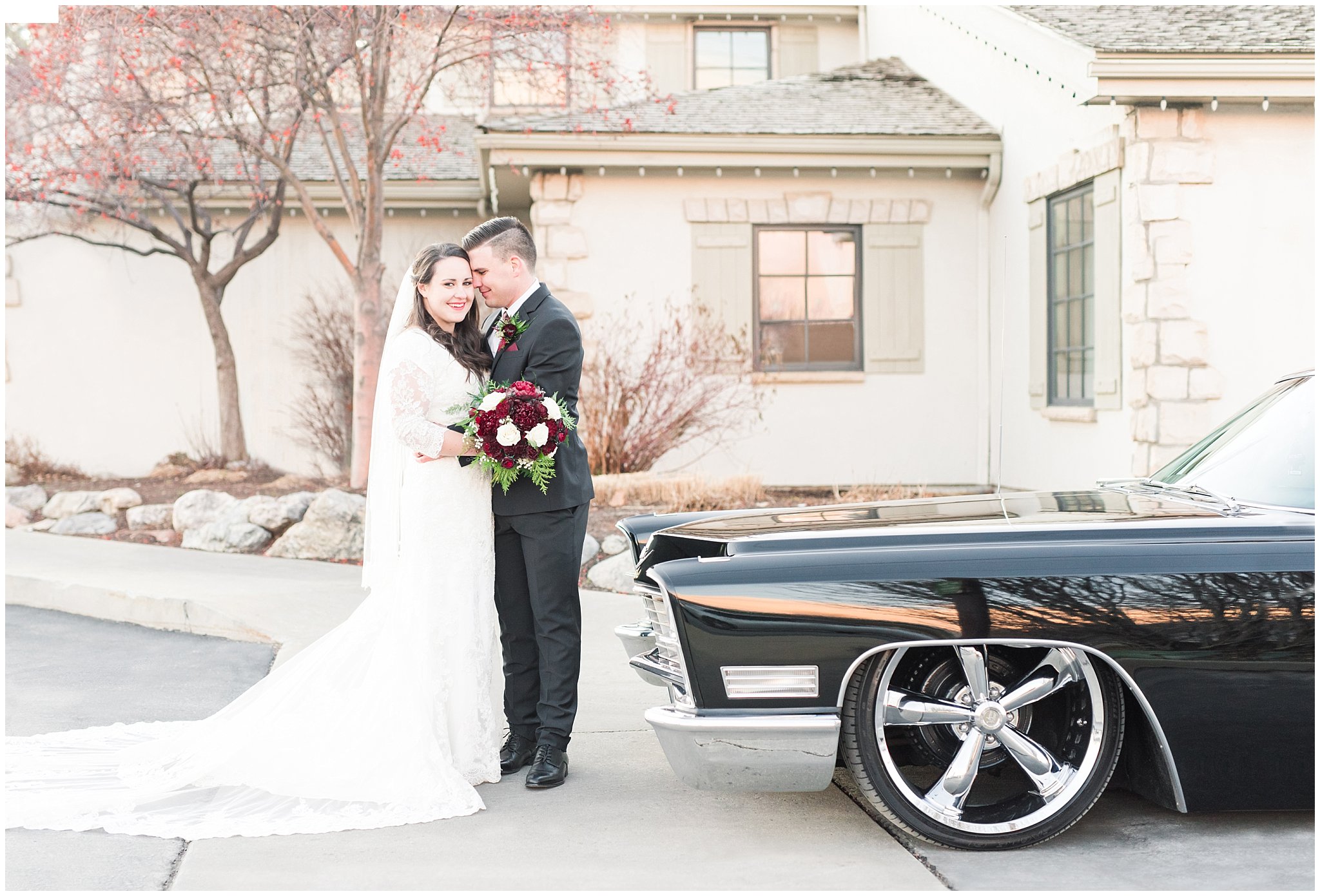 Bride and Groom with 1967 Cadillac classic car wedding day portraits | Oquirrh Mountain Temple and Gardner Village Wedding | The Gathering Place | Jessie and Dallin Photography