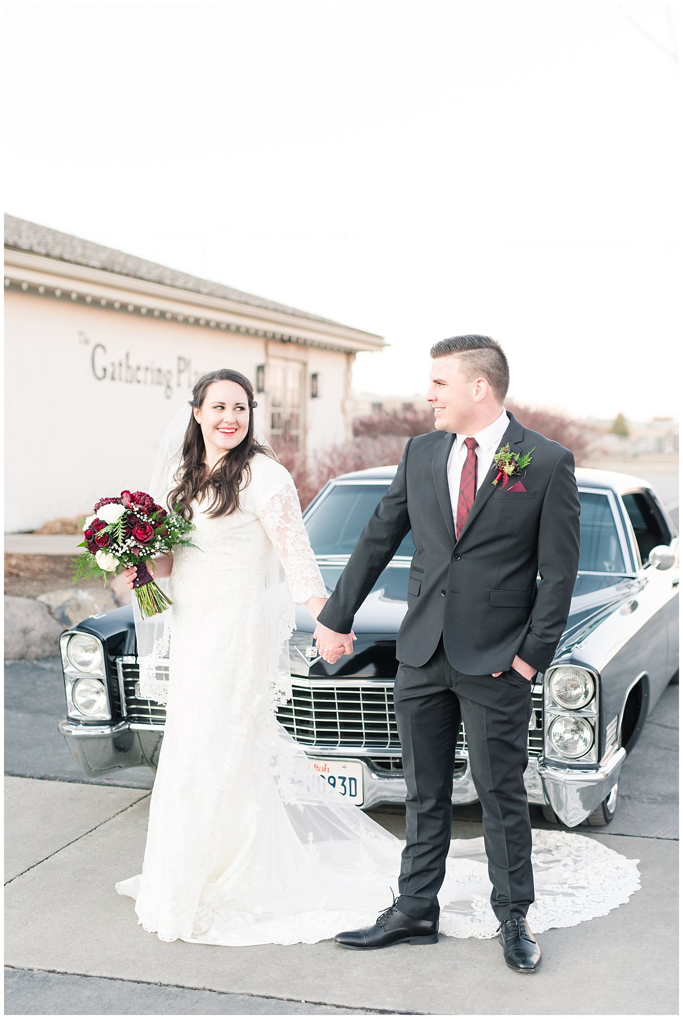 Bride and Groom with 1967 Cadillac classic car wedding day portraits | Oquirrh Mountain Temple and Gardner Village Wedding | The Gathering Place | Jessie and Dallin Photography