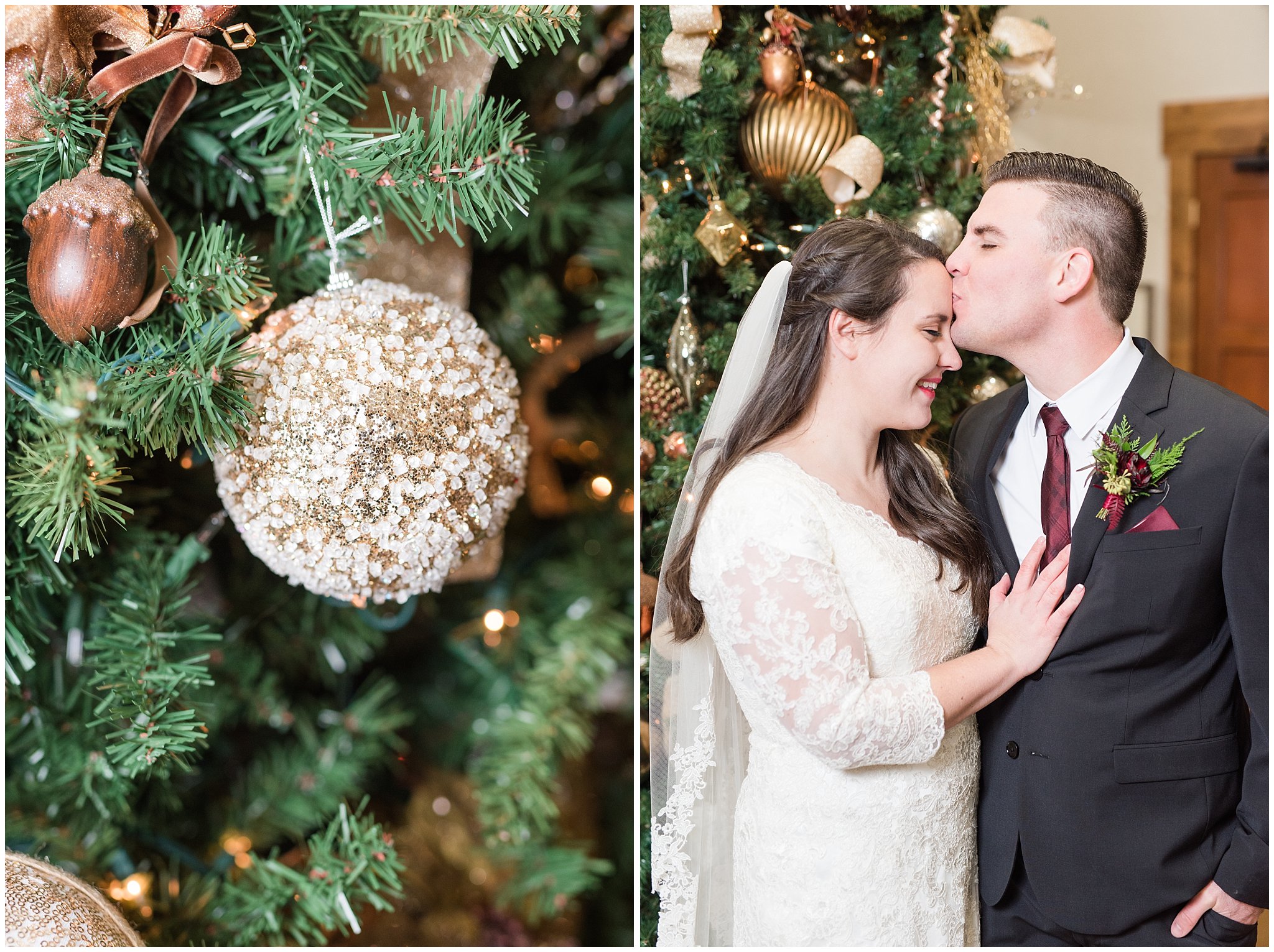 Bride and groom in front of Christmas Tree at the Gathering Place at Gardner Village | Oquirrh Mountain Temple and Gardner Village Wedding | The Gathering Place | Jessie and Dallin Photography