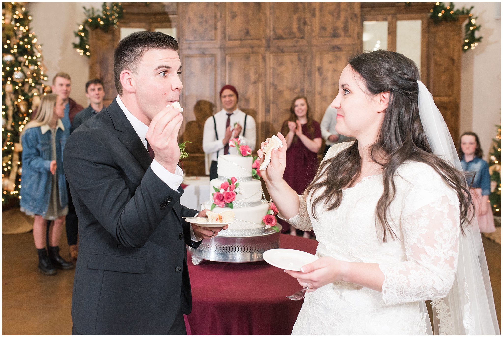 Bride and groom cake smash at the Gathering Place at Gardner Village | Gardner Village Wedding | The Gathering Place | Jessie and Dallin Photography