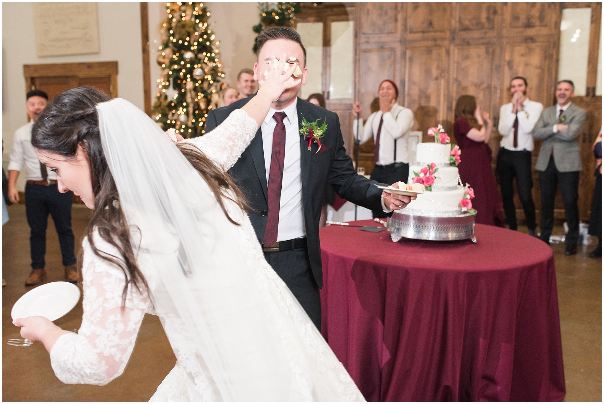 Bride and groom cake smash at the Gathering Place at Gardner Village | Gardner Village Wedding | The Gathering Place | Jessie and Dallin Photography