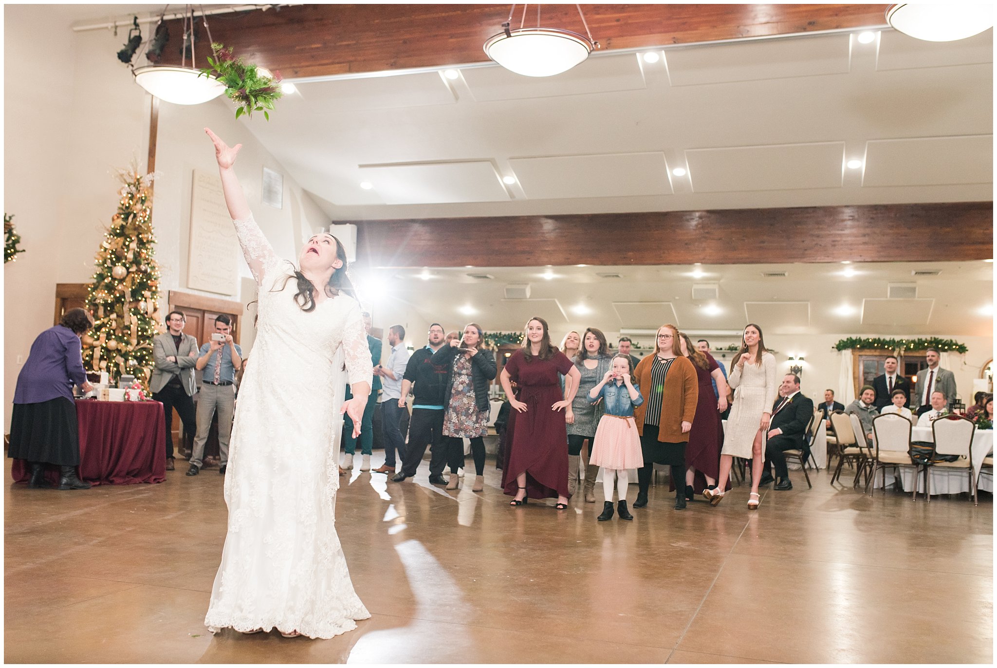 Bouquet Toss at the Gathering Place at Gardner Village | Gardner Village Wedding | The Gathering Place | Jessie and Dallin Photography