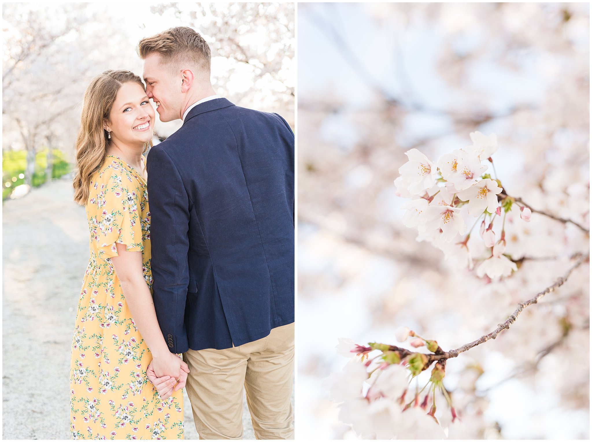 Couple in yellow dress and navy sport coat at the Utah State Capitol for engagements in the blossoms | Top Utah Wedding and Couples Photos 2019 | Jessie and Dallin Photography