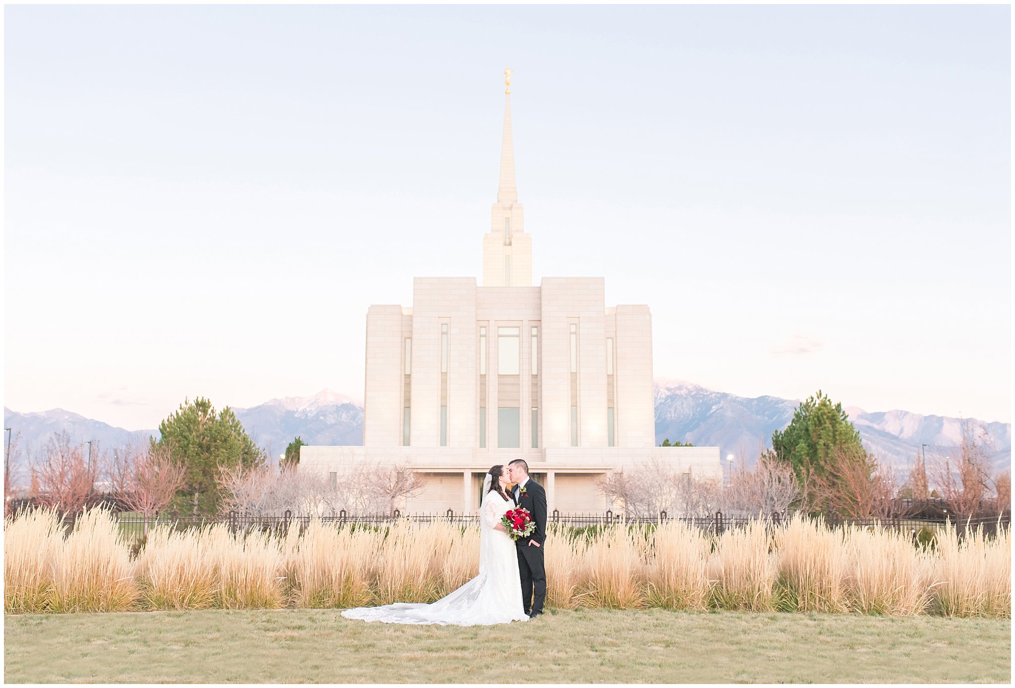 Bride and groom at sunset in at the Oquirrh Mountain Temple | Top Utah Wedding and Couples Photos 2019 | Jessie and Dallin Photography