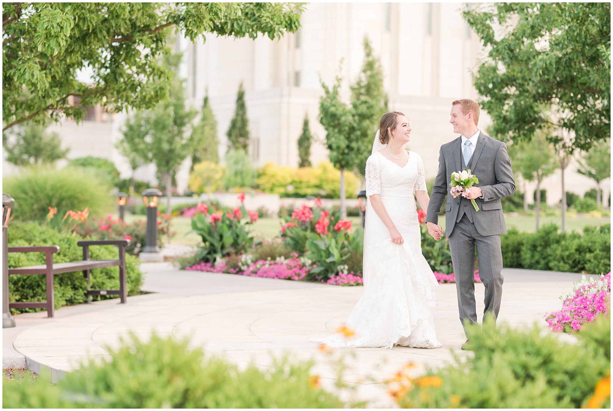 Bride and groom walk around garden at the Ogden Temple | Top Utah Wedding and Couples Photos 2019 | Jessie and Dallin Photography