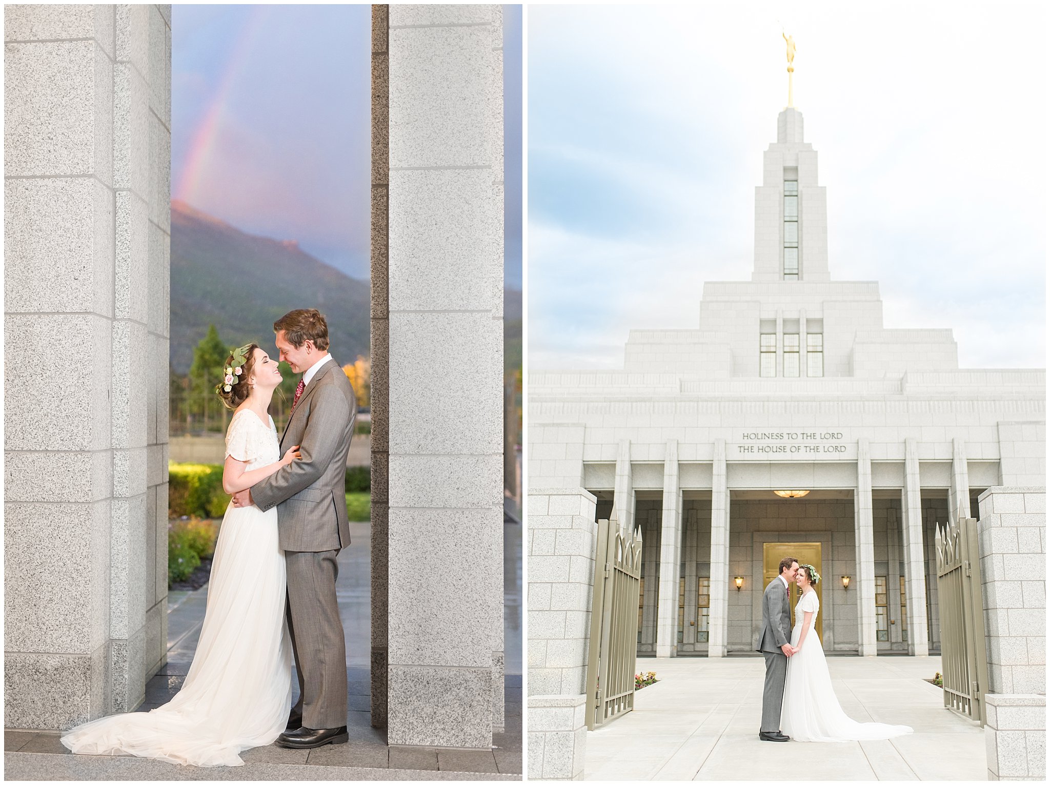Bride and groom with a rainbow and blue sky at the Draper Temple | Top Utah Wedding and Couples Photos 2019 | Jessie and Dallin Photography