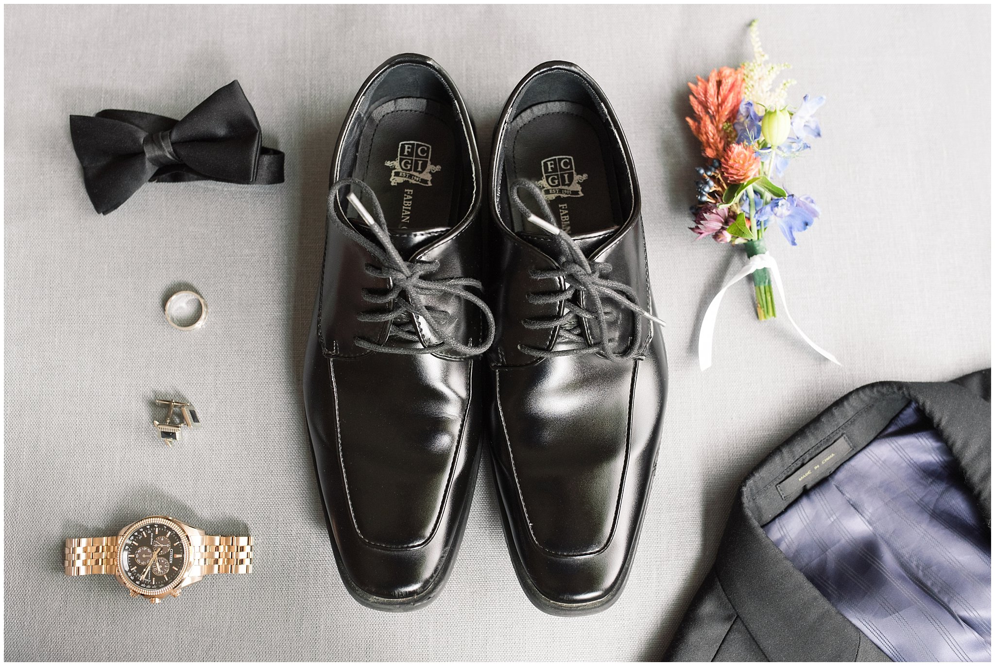 Groom details with watch, black leather shoes, and boutonniere | Top Utah Wedding and Couples Photos 2019 | Jessie and Dallin Photography