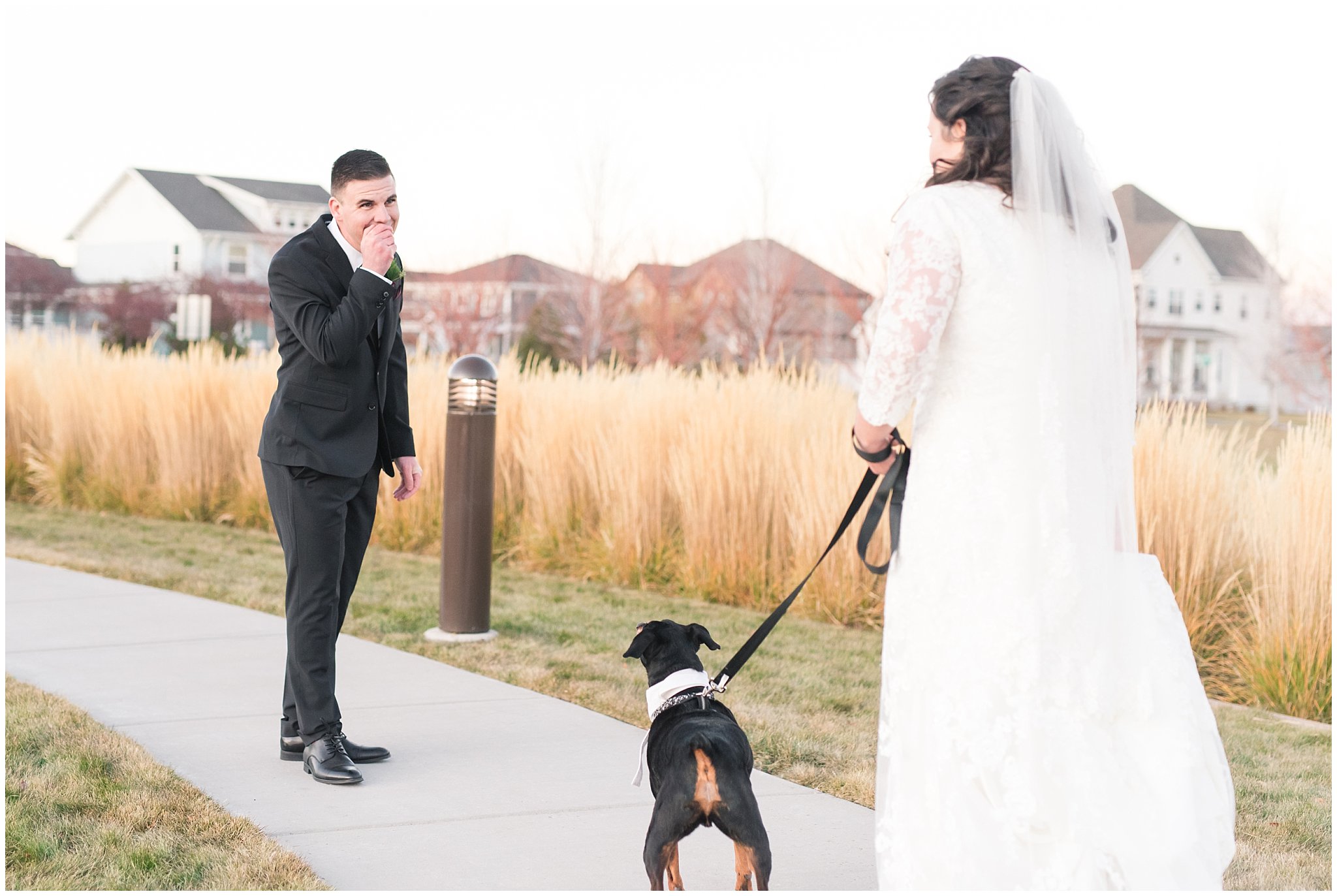 Bride surprises groom with dog on wedding day | Dog first look | Top Utah Wedding and Couples Photos 2019 | Jessie and Dallin Photography