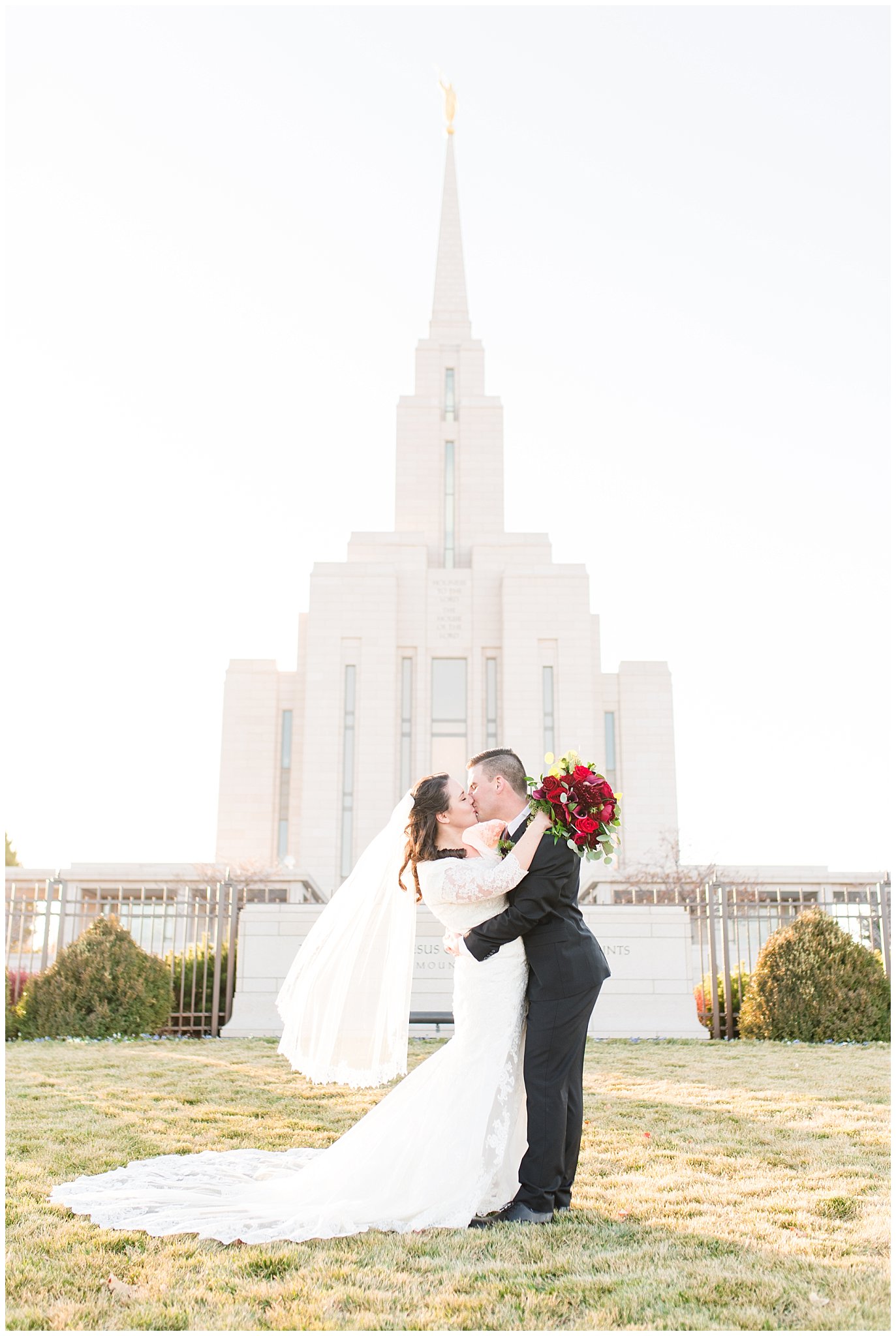 Bride and groom kiss in front of the Oquirrh Mountain Temple| Top Utah Wedding and Couples Photos 2019 | Jessie and Dallin Photography
