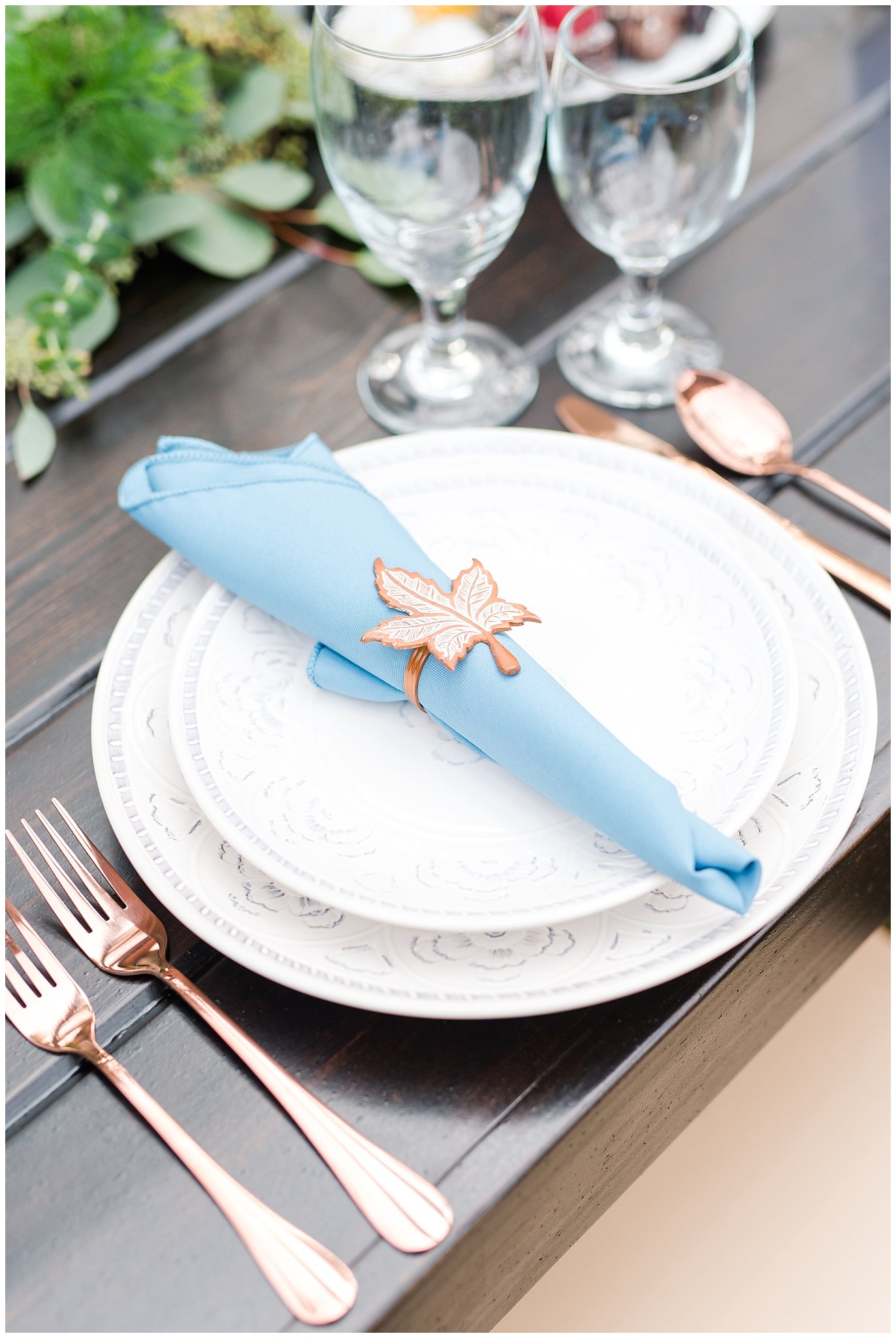 Maple leaf and light blue and copper wedding plate setting details at Oak Hills Reception and Event Center | Top Utah Wedding and Couples Photos 2019 | Jessie and Dallin Photography