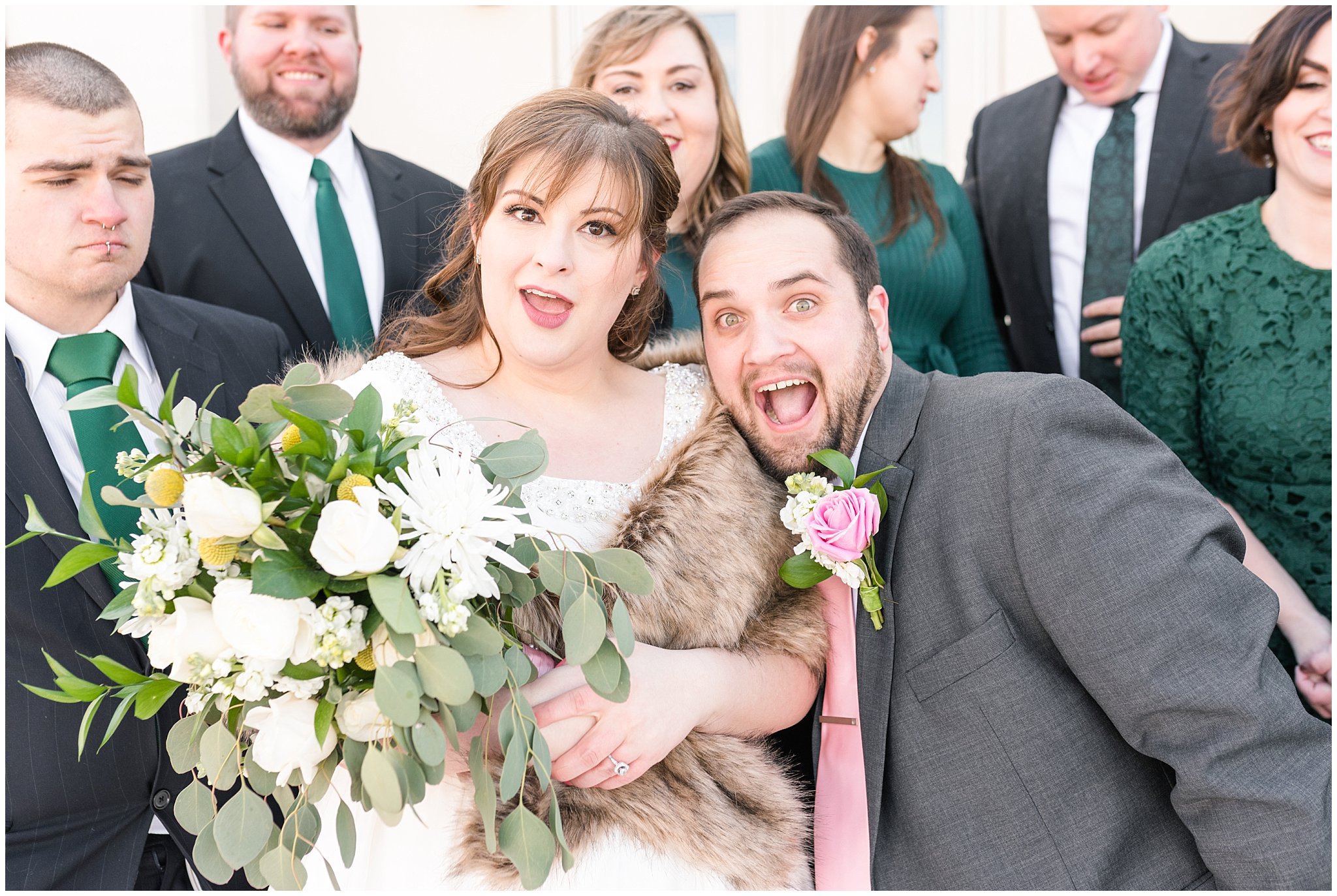 Bride and groom making goofy faces during fun wedding at the Ogden Temple in the winter | Top Utah Wedding and Couples Photos 2019 | Jessie and Dallin Photography