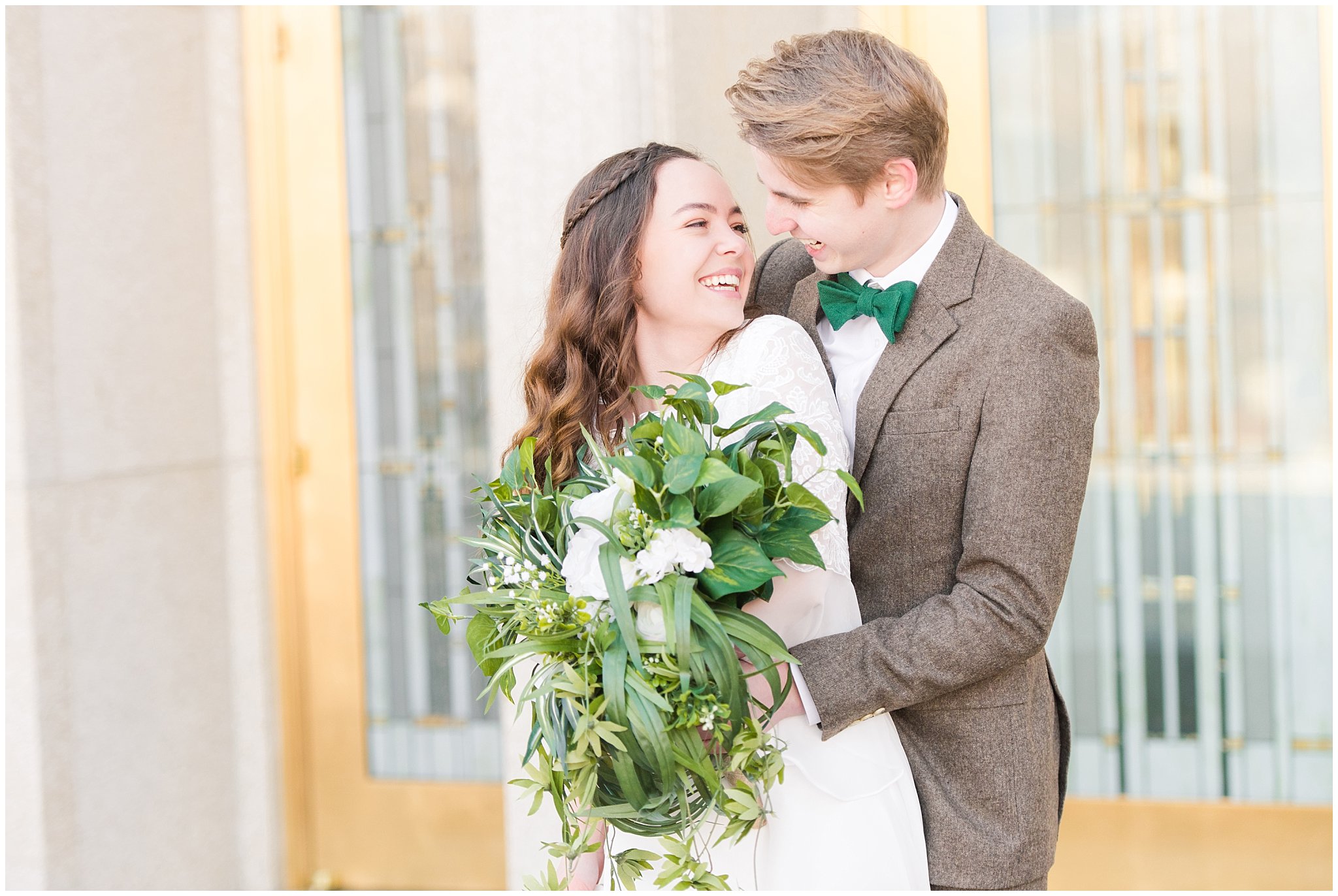 Bride and groom in front of Ogden Temple for winter wedding | Top Utah Wedding and Couples Photos 2019 | Jessie and Dallin Photography