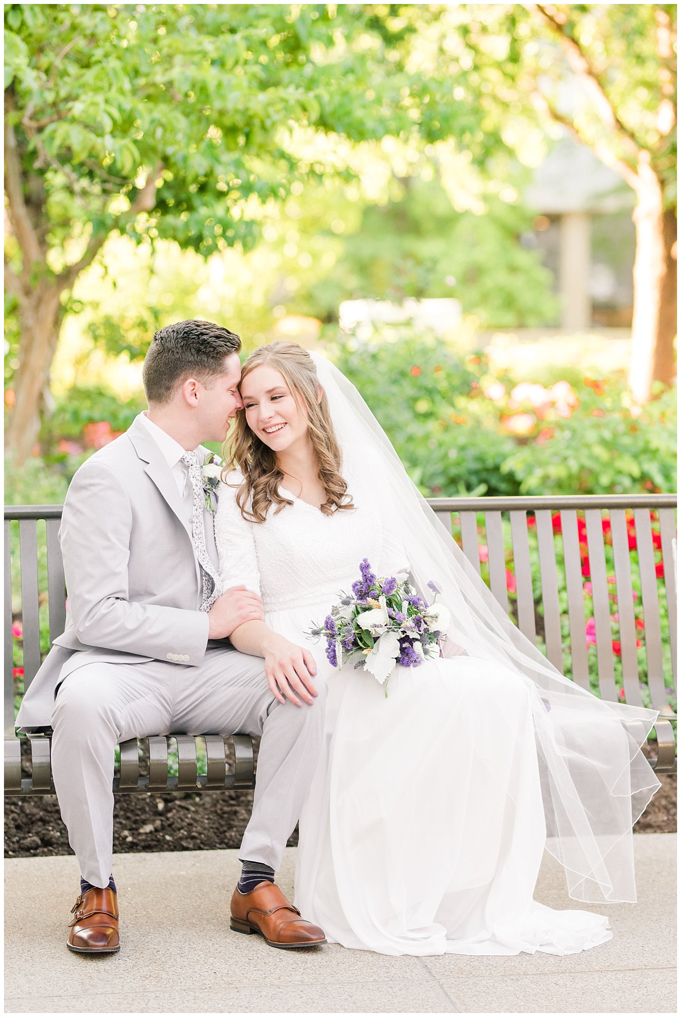 Bride and groom sitting in front of flowers and gardens at the Salt Lake Temple | Top Utah Wedding and Couples Photos 2019 | Jessie and Dallin Photography