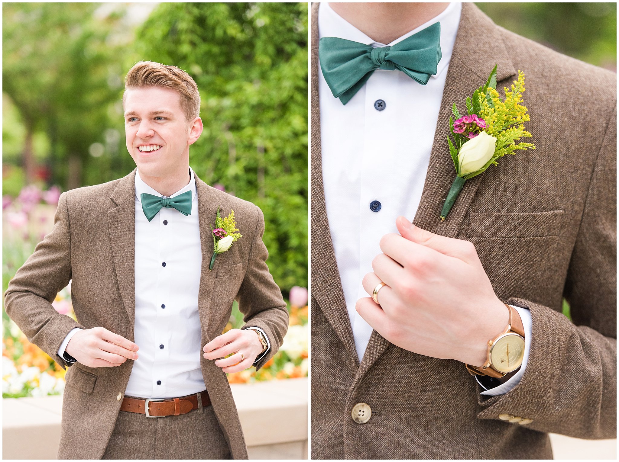 Groom in vintage brown tweed suit and green bow tie a the Provo City Center Temple wedding | Top Utah Wedding and Couples Photos 2019 | Jessie and Dallin Photography
