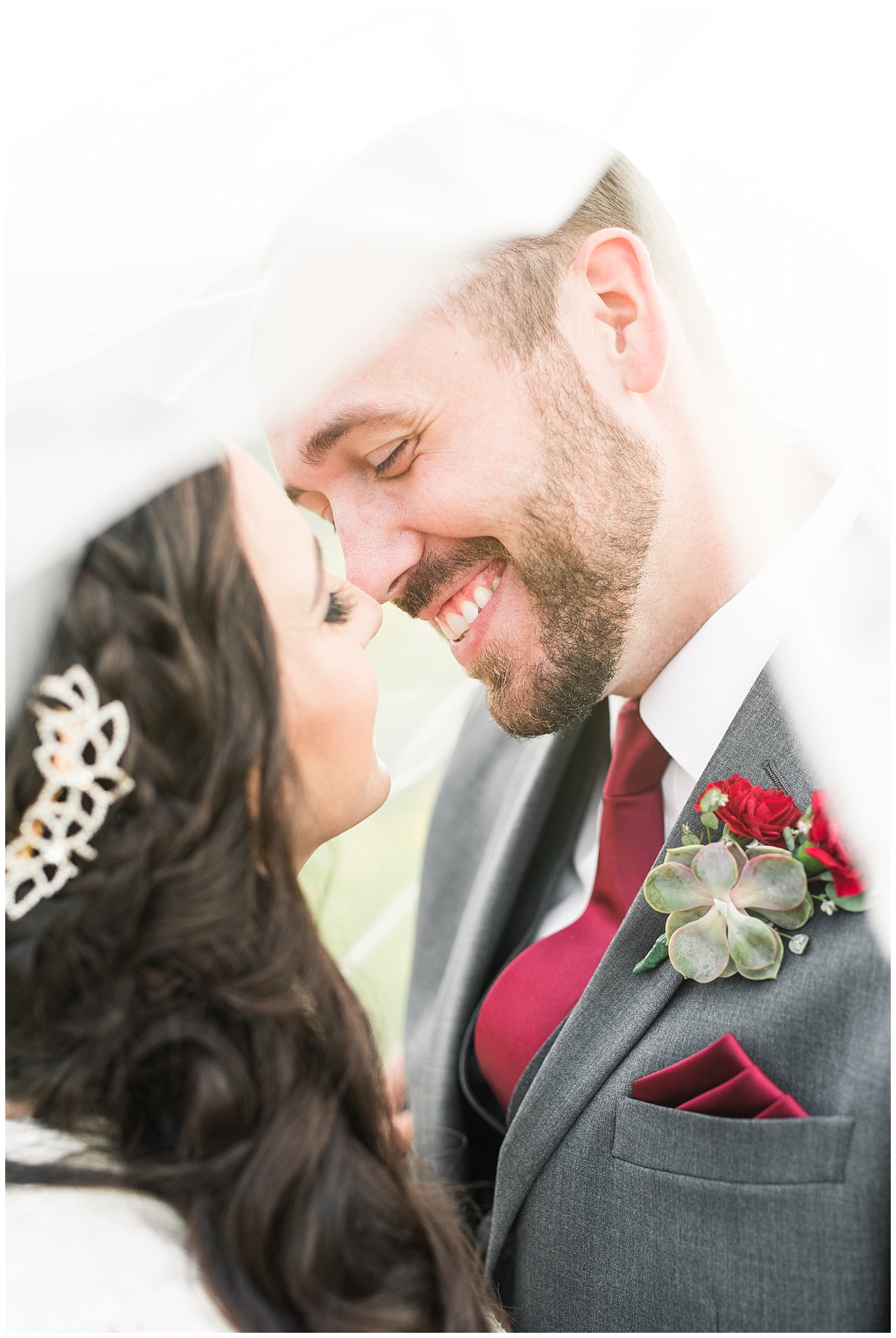 Bride and groom peak underneath veil shot during Utah mountain wedding | Top Utah Wedding and Couples Photos 2019 | Jessie and Dallin Photography