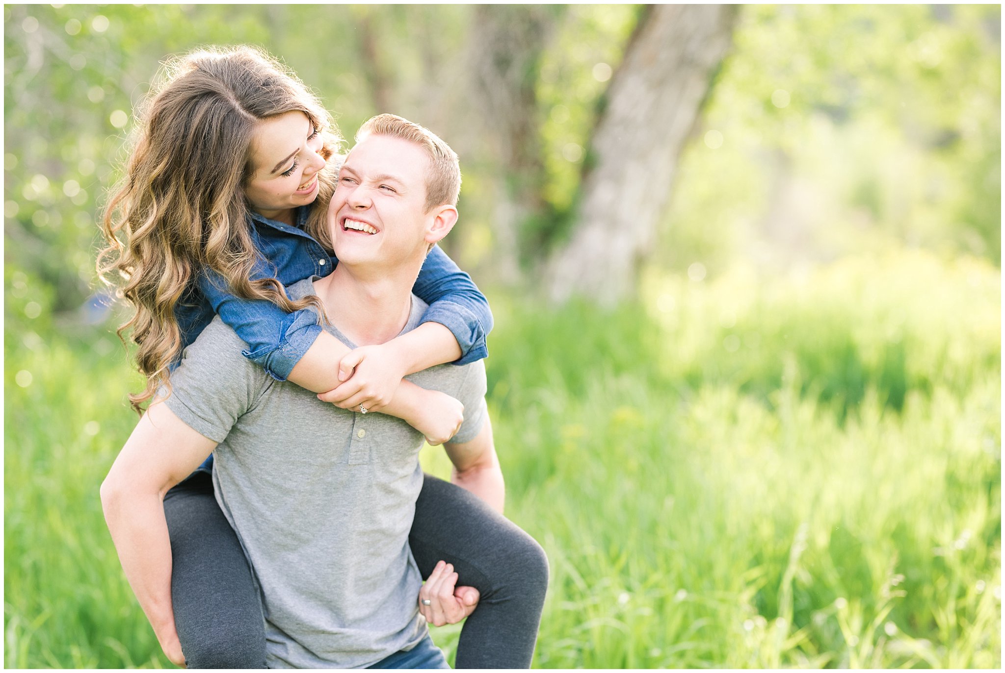 Couple does piggy back ride during Utah mountain engagement session | Top Utah Wedding and Couples Photos 2019 | Jessie and Dallin Photography