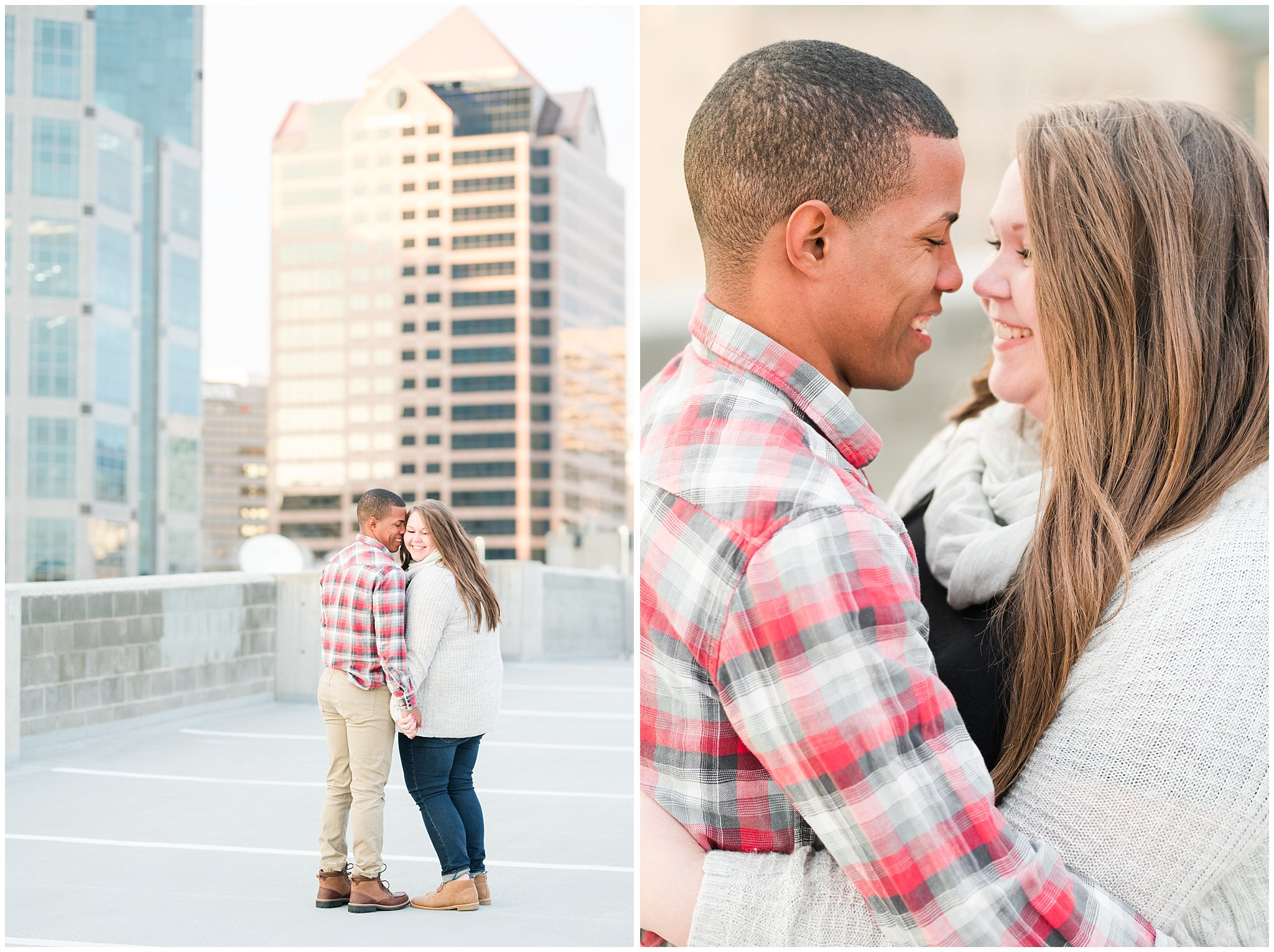 Engagement photos with a couple dressed warm for winter in downtown Salt Lake surrounded by buildings and skyscrapers | Mueller Park and Downtown Winter Engagement Session | Jessie and Dallin Photography