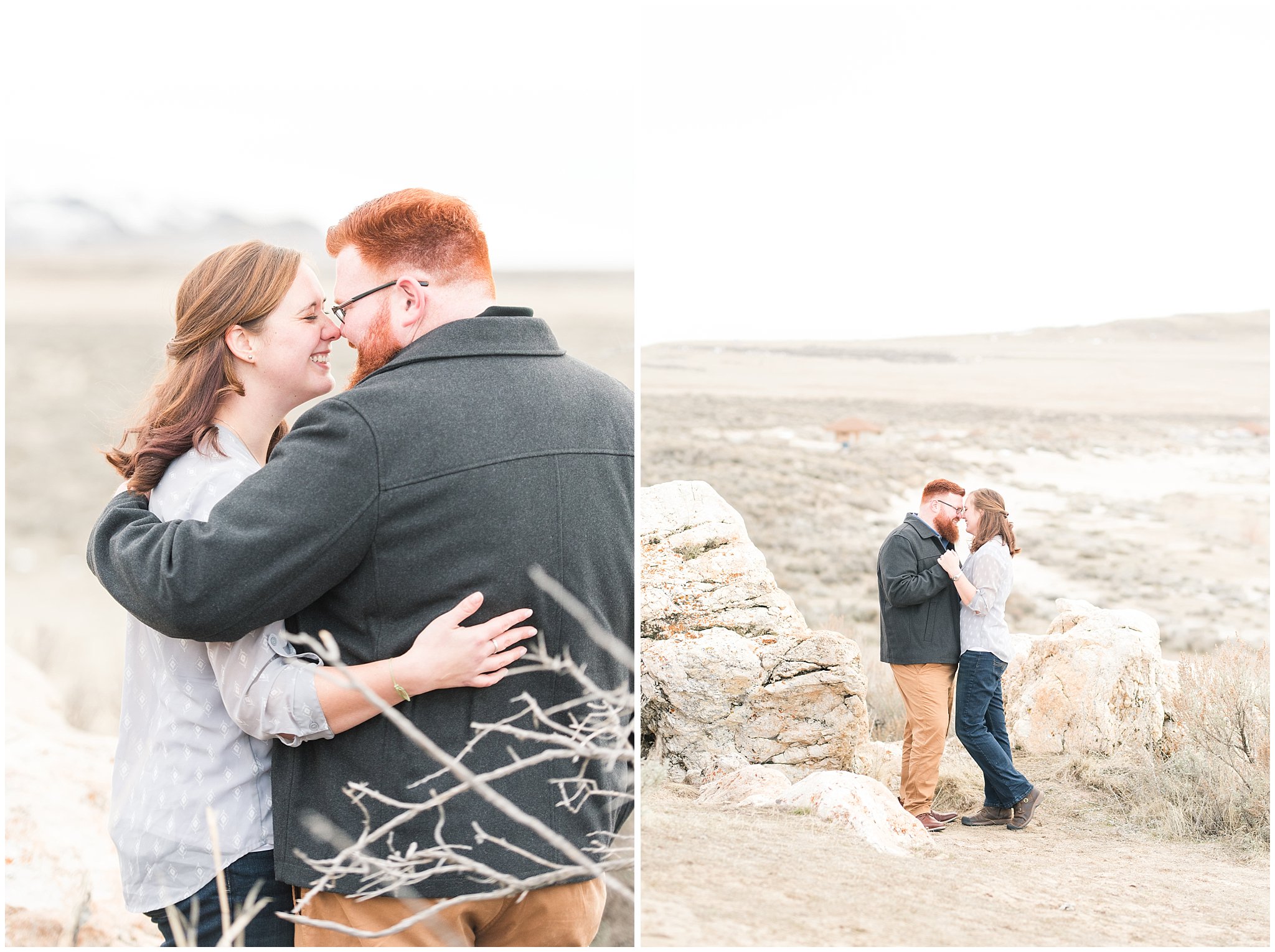 Couple in casual outfit at Antelope Island and the Great Salt Lake in the winter | Great Salt Lake Winter Engagement | Jessie and Dallin Photography