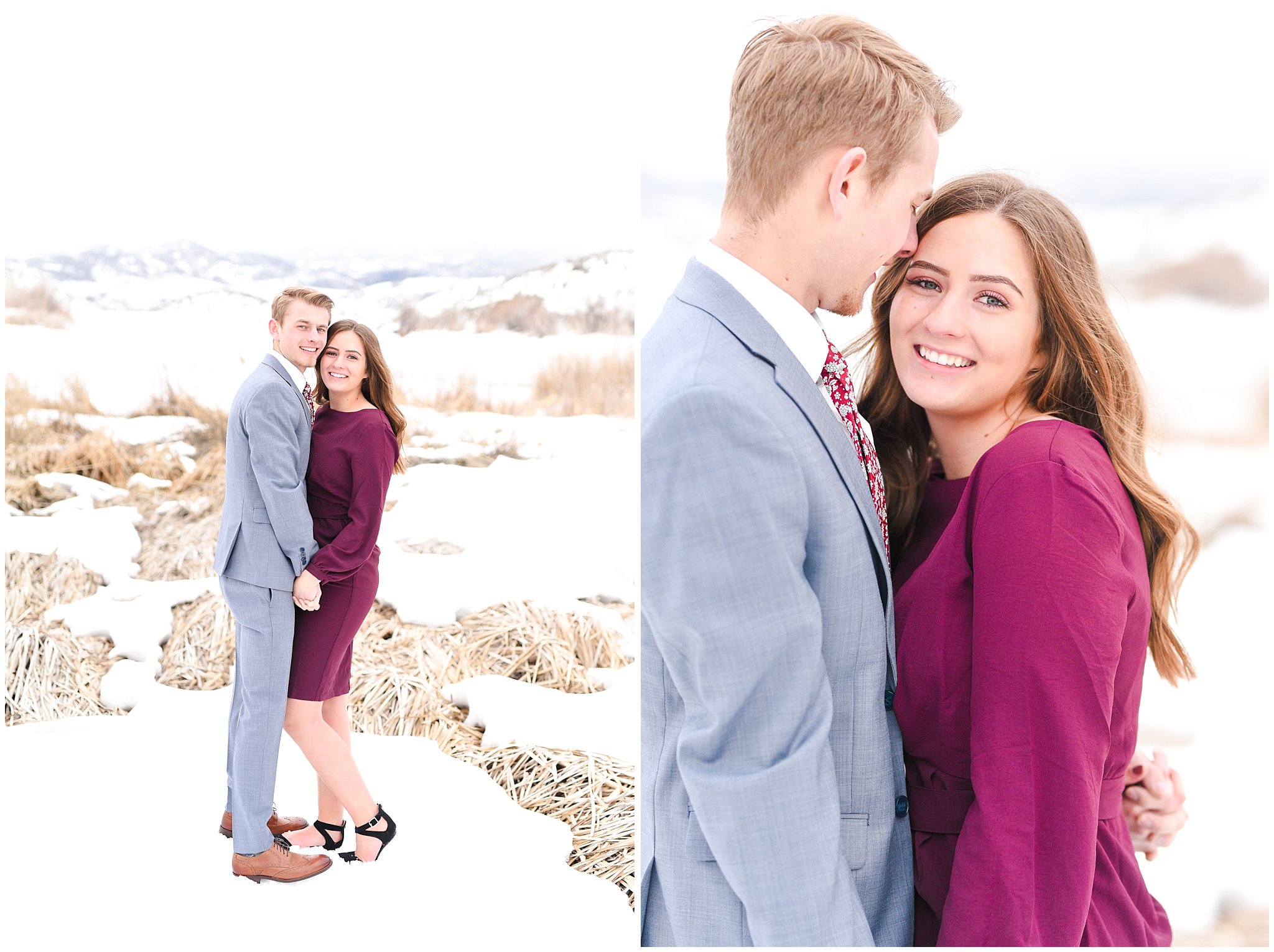 Couple dressed up in wine colored dress and light blue suit in the snowy Utah mountains | Mountain Green Winter Engagement | Jessie and Dallin Photography